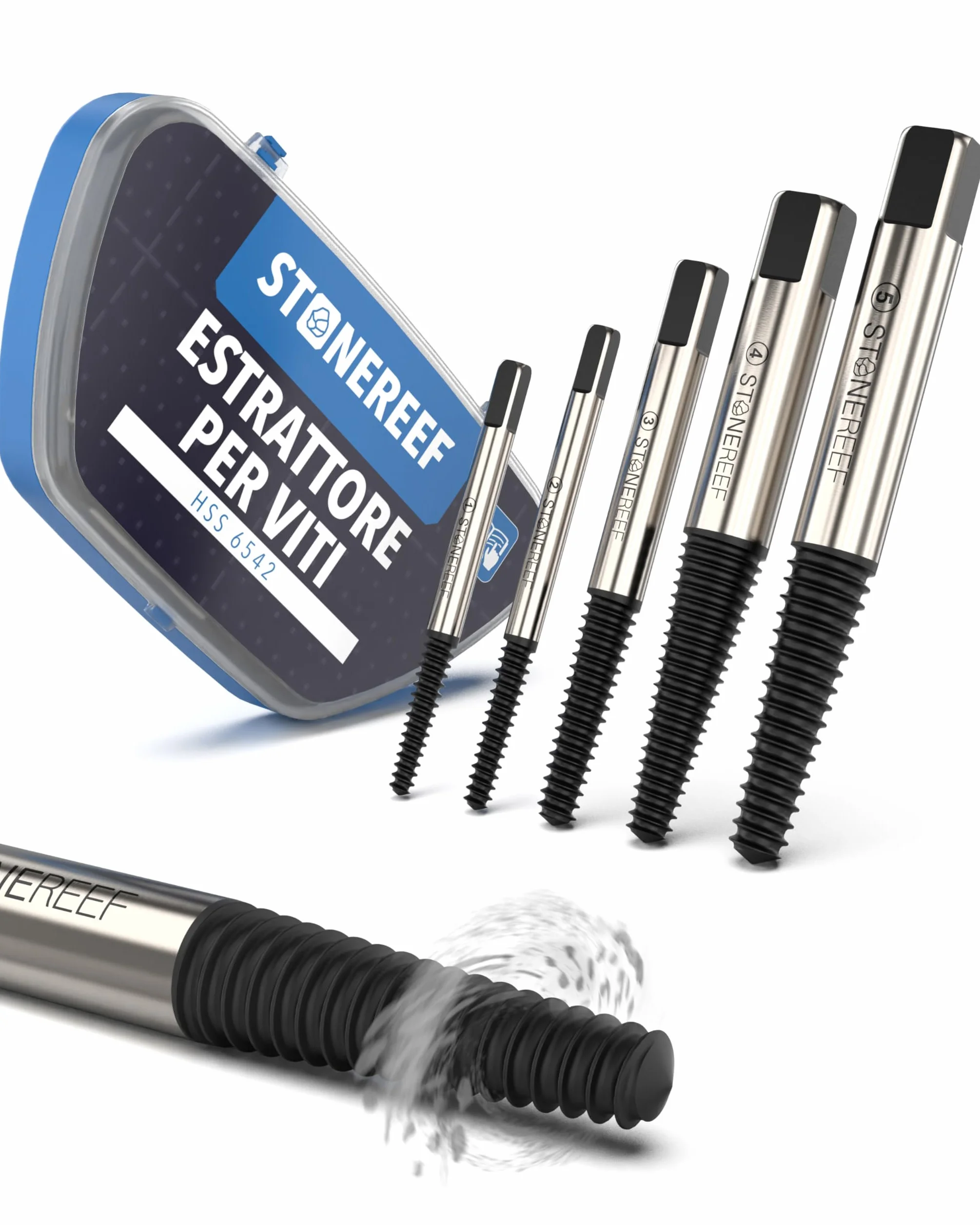 Set di estrattori per viti professionale [5 pezzi in HSS 4341] – Estrattore a sinistra professionale, estrattore per viti, strumento di svitamento a sinistra, rimozione viti, trapano a sinistra..