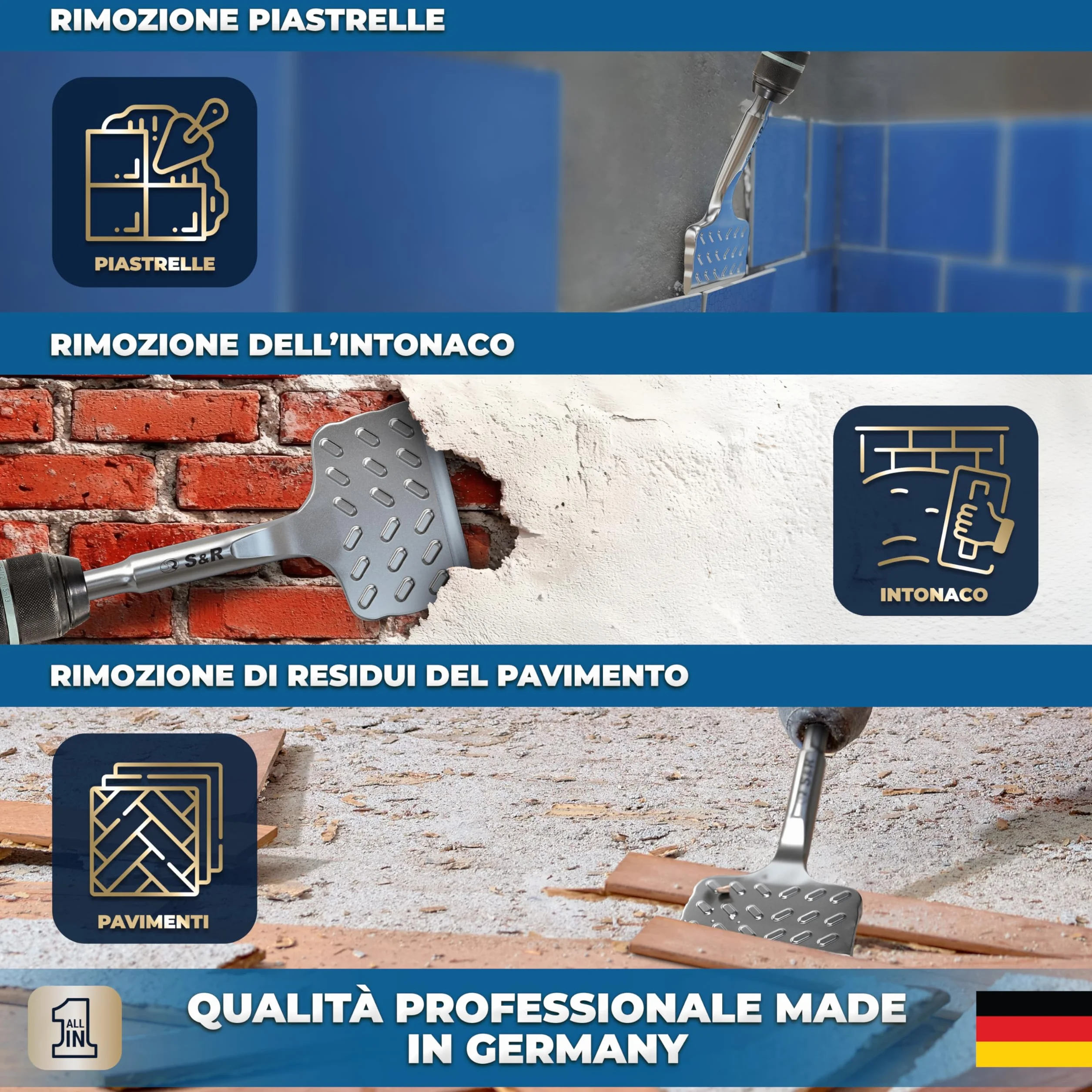 S&R Scalpello SDS-plus Angolato Piastrelle/Muro 180/165x75mm, MADE IN GERMANY Spatola Curva. Qualità Industriale.