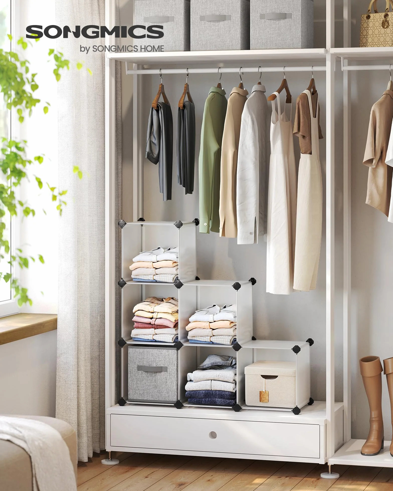 SONGMICS Scaffale a 6 Cubi, Organizzatore Modulare, Portaoggetti in Plastica con Piedini, Scarpiera, Cubo 30 x 30 x 30 cm, Soggiorno, Camera da Letto, Martello di Gomma, Bianco LPC111S