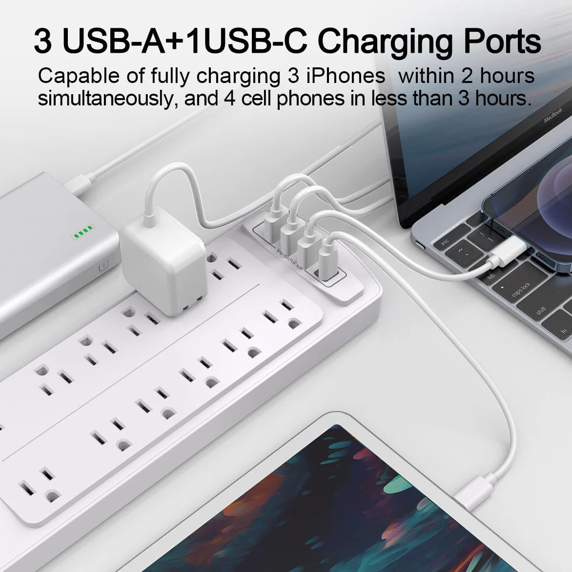 ALESTOR Power Strip, protezione contro le sovratensioni con 12 uscite e 4 porte USB, cavo di prolunga da 6 m (1875 W/15 A), 2700 Joule, ETL, bianco