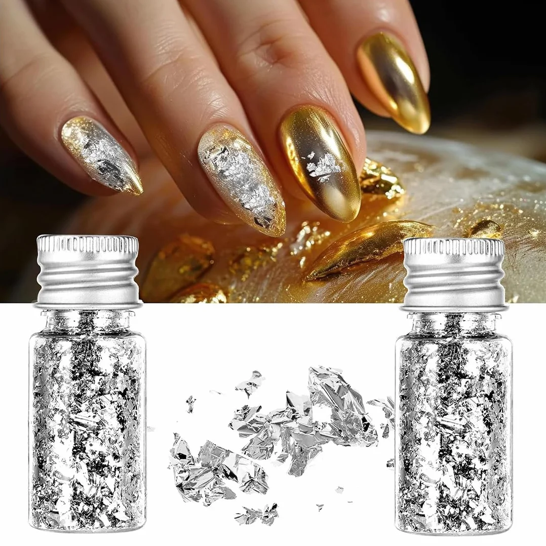 Foglio D'Argento 1Bottiglie, con 1Pinzette, Compatibile con Foglia D'oro e Foglia D'oro, Foglia Imitazione per Forniture per il Tempo Libero Creativo, Unghie Dipinti, Foglia d'oro per Pittura