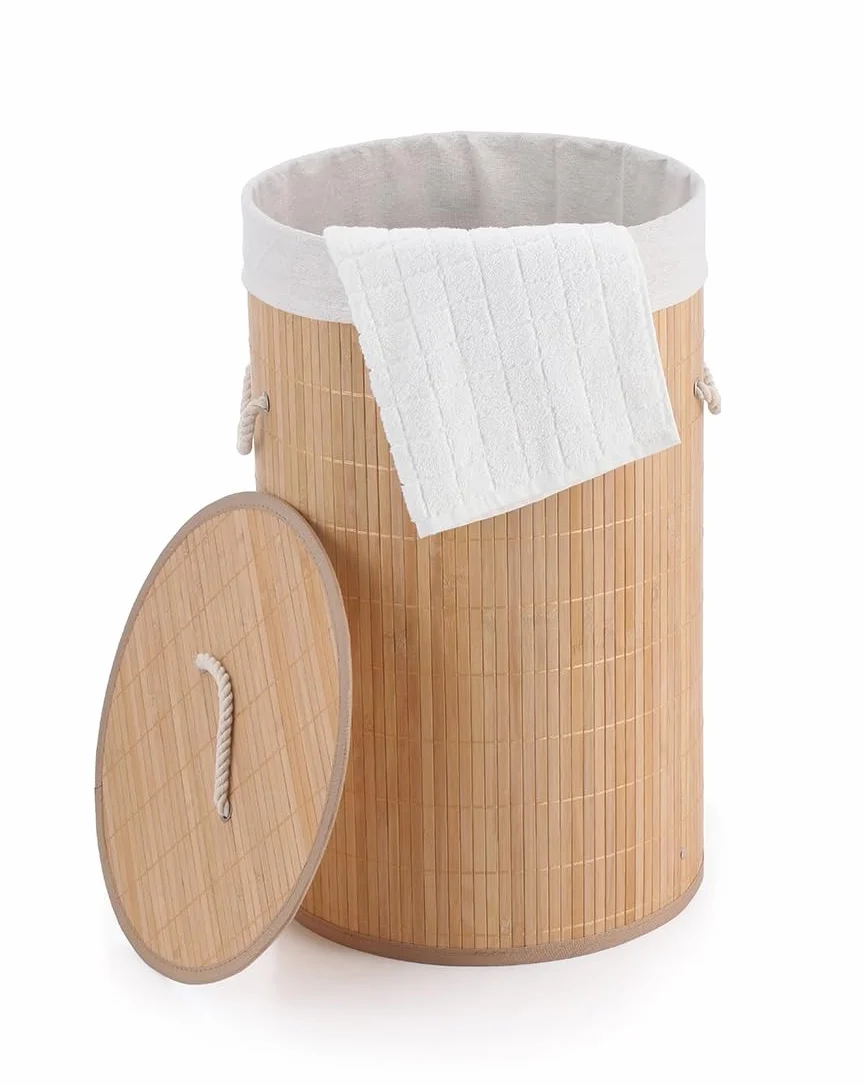 BM Cesto Portabiancheria in Bambù con Coperchio e Sacco Interno Rimovibile – Cesto per Biancheria Sporca Rotondo Ø35x50 cm, Salvaspazio, Stile Naturale per Bagno, Camera da Letto e Lavanderia