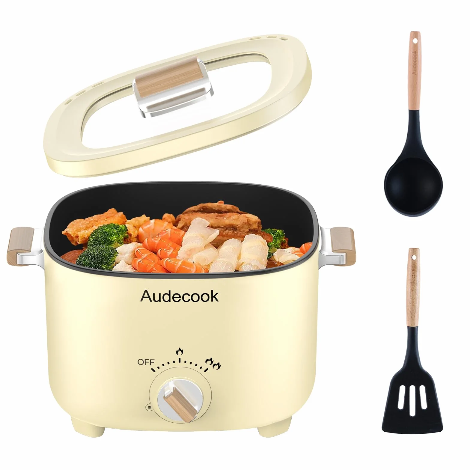 Audecook Hot Pot Elettriche 2.5L, Portatile Mini Antiaderente Pentola Elettrica per 1-3 Persone, Padella Elettrica Multifunzionale di Doppio Controllo per Pasta/Zuppa/Uova/Bistecca (Beige)