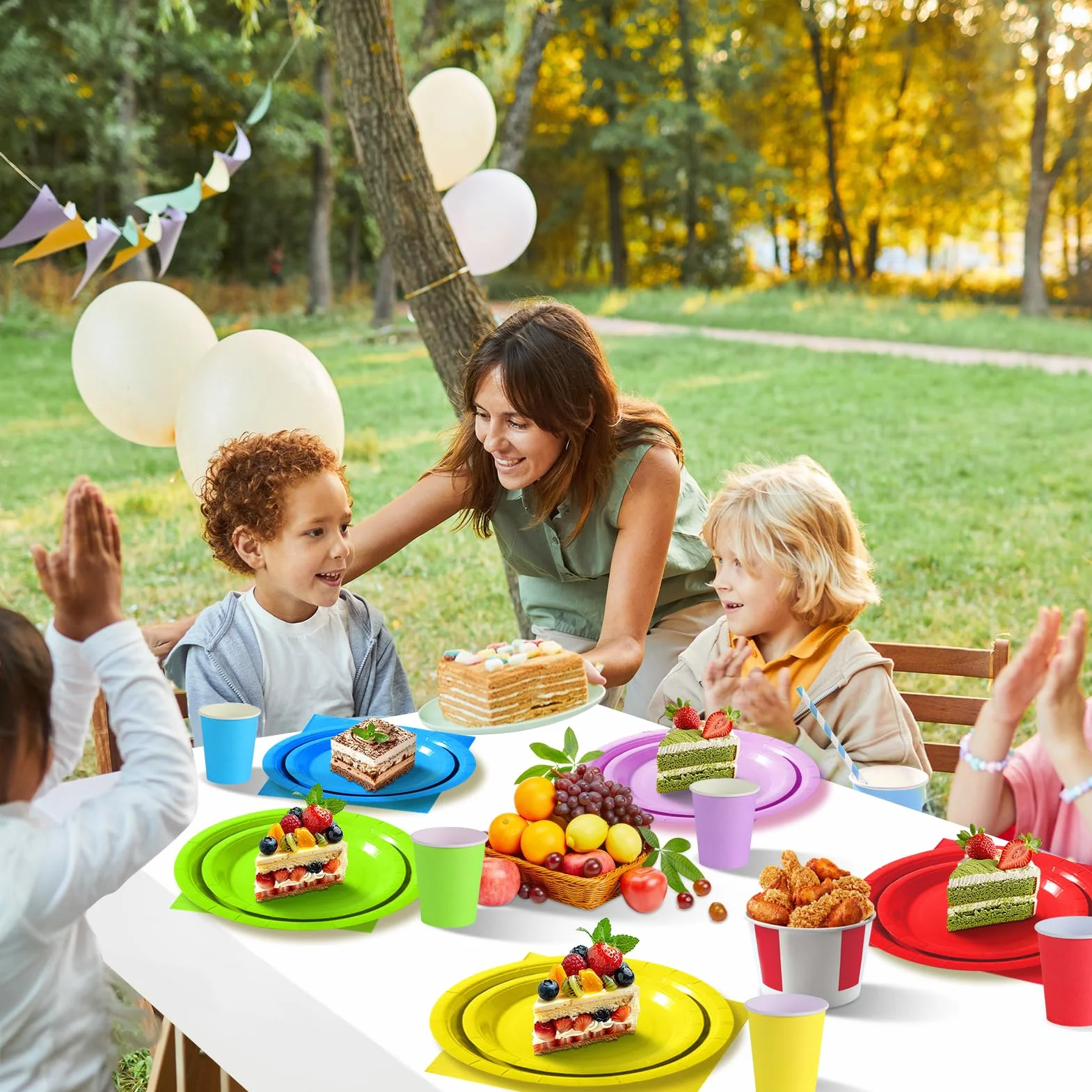 Set Stoviglie per Feste Multicolore 40 Ospiti Piatti Carta 18cm Bicchieri Tovaglioli Compleanni Bambini