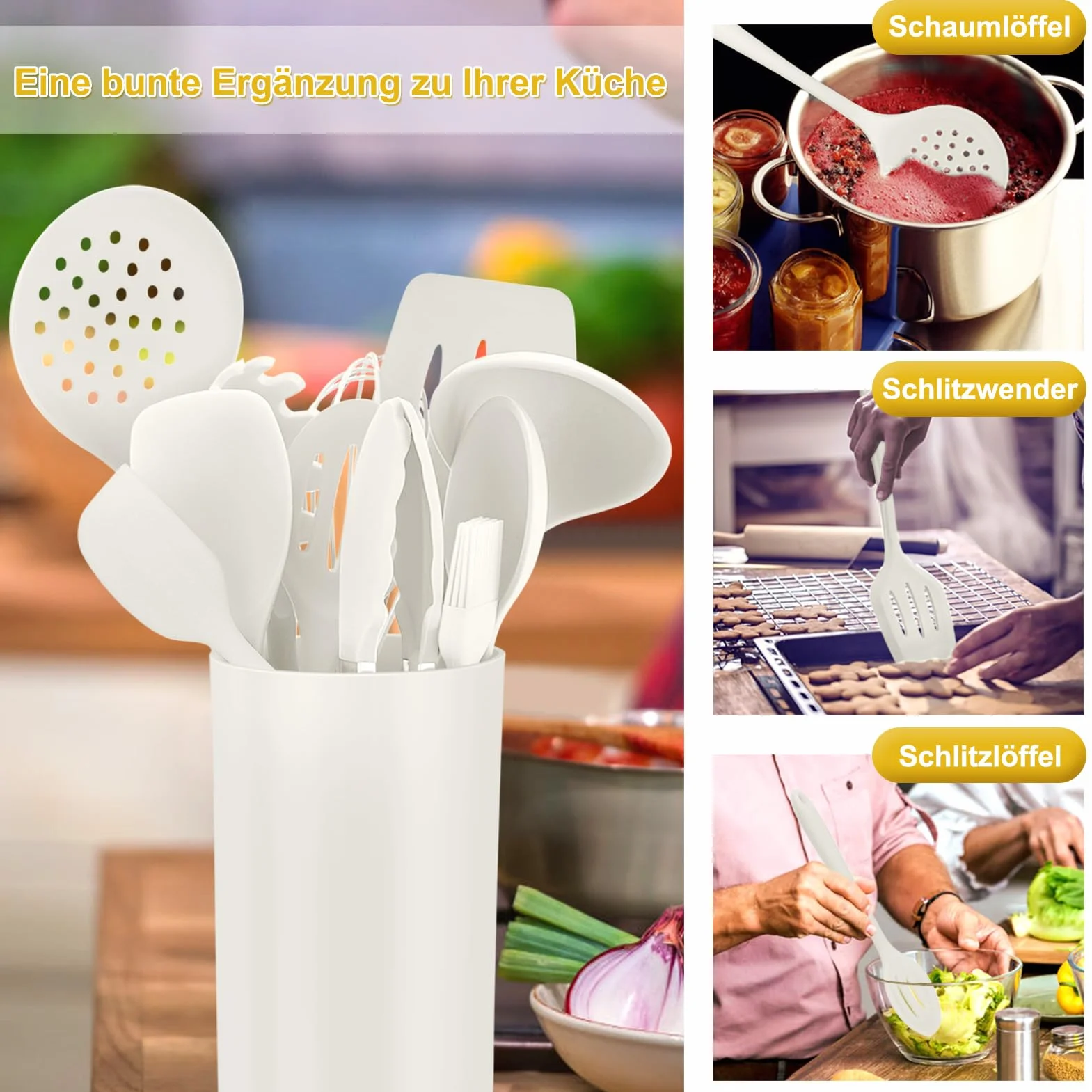 Homikit Set di 12 utensili da cucina in silicone resistenti al calore antiaderenti bianco