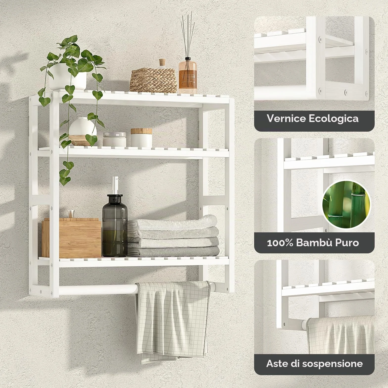 Bamworld Scaffale da Bagno a 3 Ripiani in Bambù, Organizzatore da Parete Moderno e Salvaspazio per Bagno, Cucina o Ufficio, Bianco