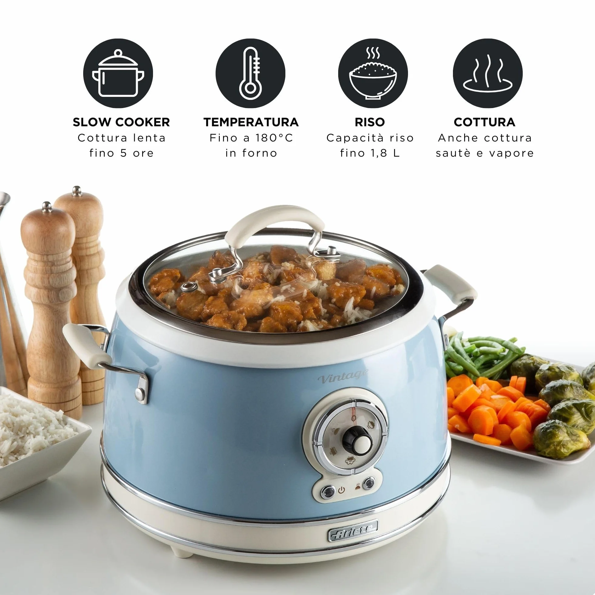Ariete 2904 Rice Cooker + Slow Cooker - Cuociriso Elettrico con bowl in ceramica - Sushi fatto in casa - Multicooker - Linea Vintage - 3,5 L - 700 W - Celeste