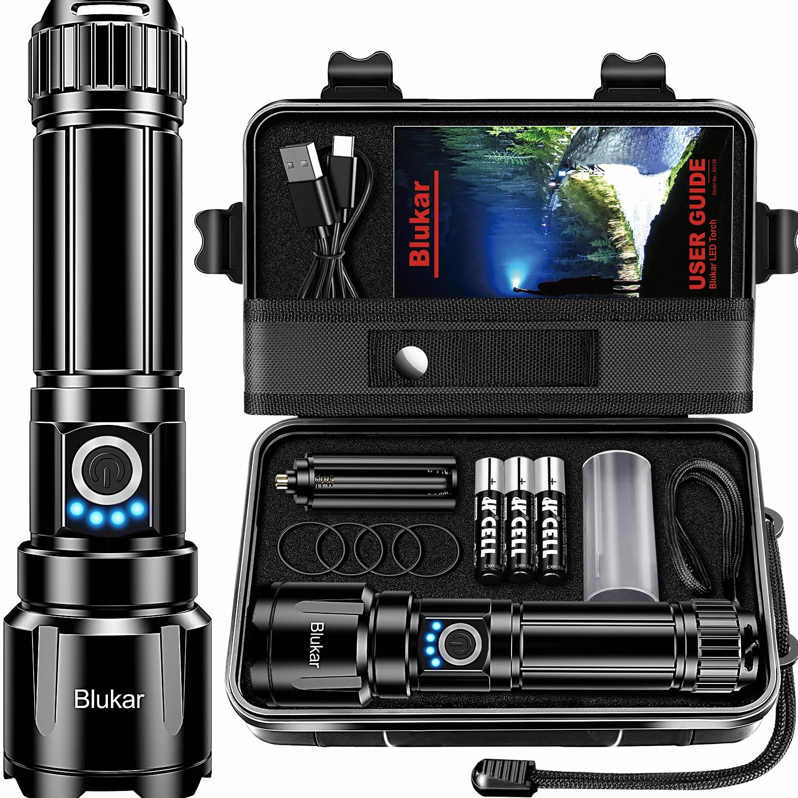 Blukar Torcia LED Potente Professionale, Ultra Alto Lumen Super Luminoso Zoomabile Torcia Alta Potenza, Ricaricabile, 5 Modalità, IP67 Impermeabile Flashlight per Campeggio/Pesca/Emergenza/Trekking