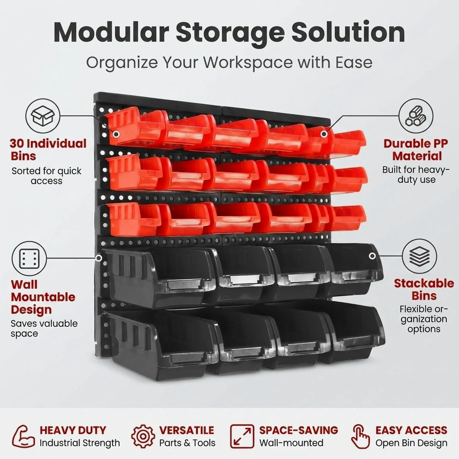 30 contenitori portaoggetti a parete, organizer per attrezzi, scaffale portaoggetti versatile e resistente per componenti, contenitori per ferramenta, Rosso Nero
