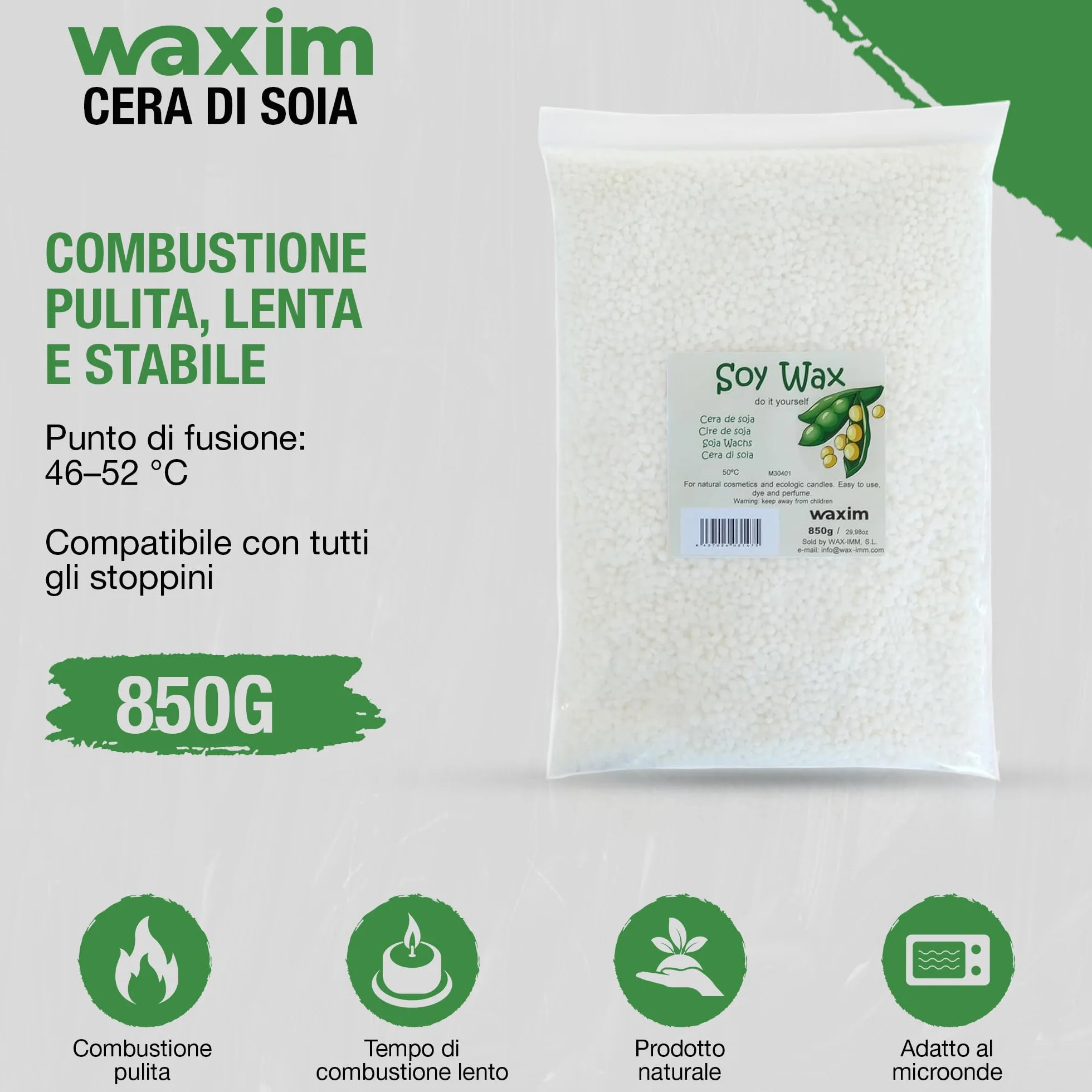 WAXIM Cera di Soia per Candele in Perle | Soy Wax Naturale per Fare Candele Fai da Te 850 g | Base Vegetale per Contenitori | Cera per Candele Fai da Te, Fusione Uniforme e Combustione Pulita