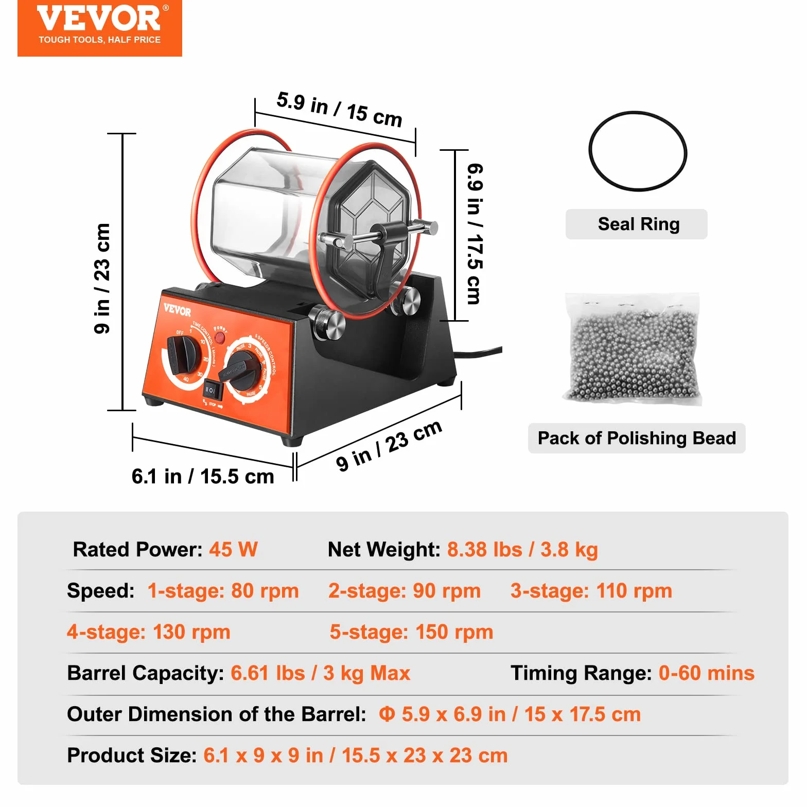 VEVOR Lucidatrice per Gioielli Metalli 3kg 230V 45W 5 Velocità Regolabile Buratto Rotativo da Banco