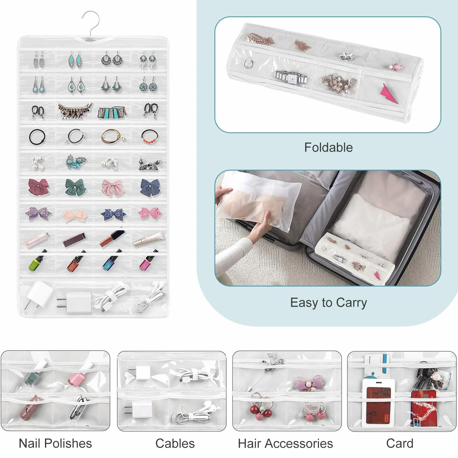 Linkstyle Organizer per Gioielli Appeso, Rotolo Doppio Lato, Borsa 80 Tasche con Gancio