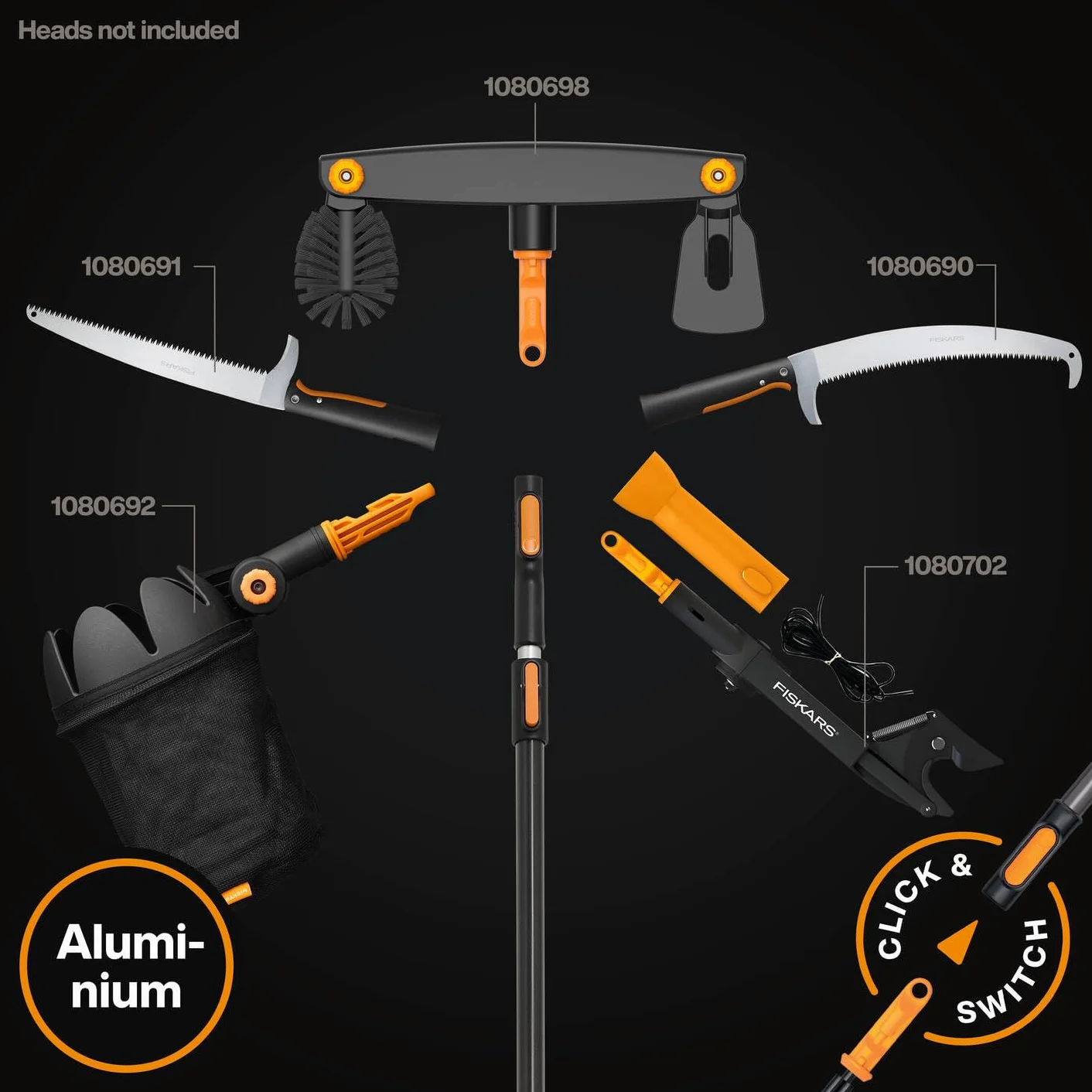 Fiskars OneClick Manico Telescopico L, Sostituzione con un Clic, Adattatore QuikFit Disponibile Separatamente, Manico Estendibile da 2,20 m a 4 m di Lunghezza, 1,55 kg, Nero/Arancione, 1080672