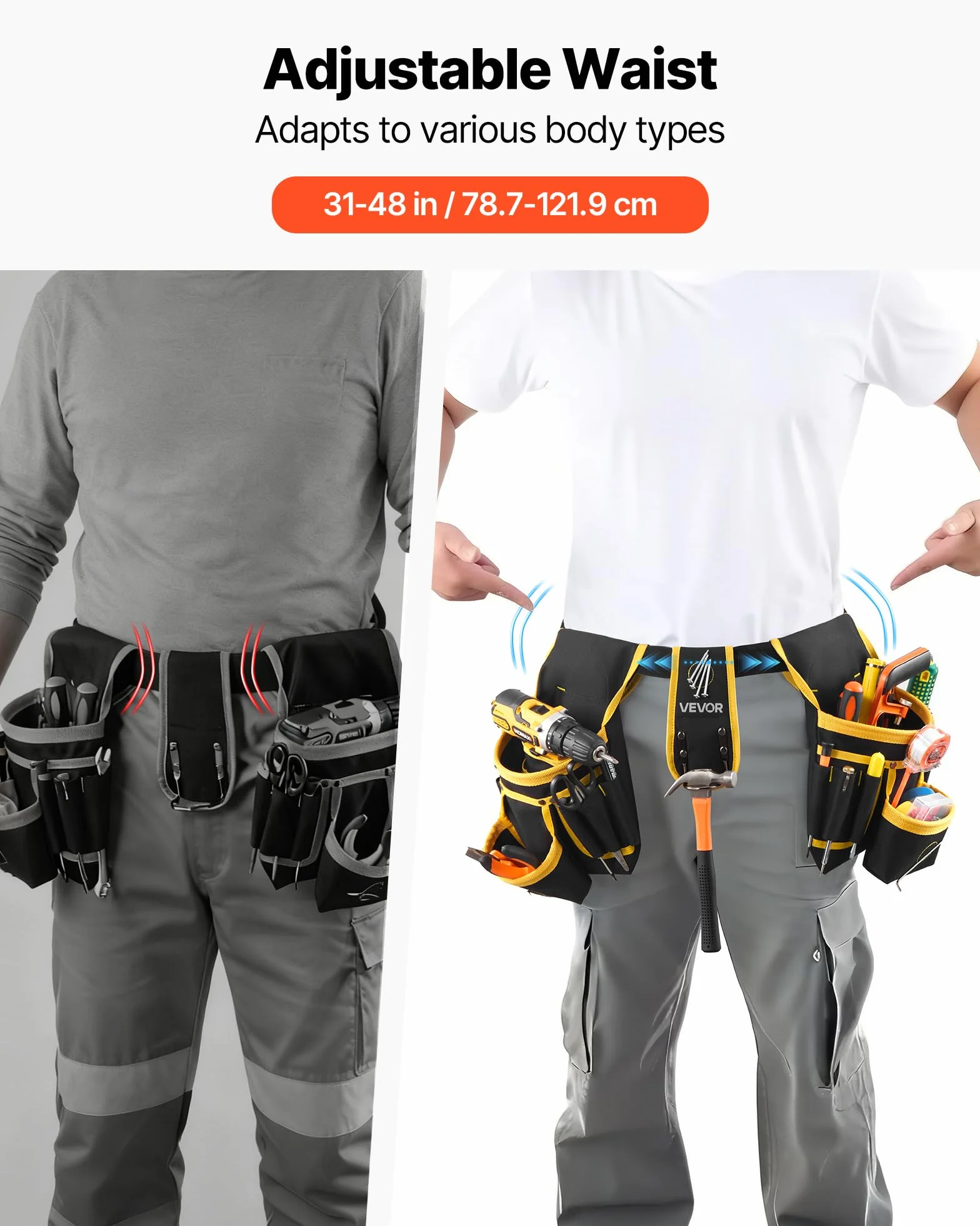 VEVOR Cintura Porta Attrezzi da Carpentiere con 28 Tasche, Marsupio Porta Attrezzi da Elettricista, Regolabile e Resistente, per Carpentieri, Edilizia, Regolabile in Vita da 78,7 a 121,9 cm