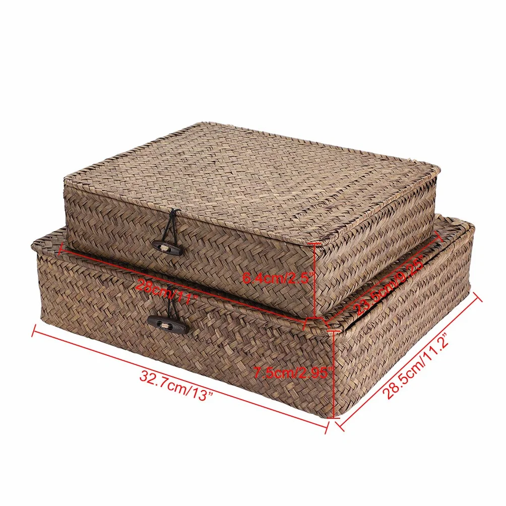 SUMNACON 2 cestini in rattan naturale con coperchio, fatti a mano, per cucina, bagno, camera da letto, grandi e piccoli (rettangolari, marroni)