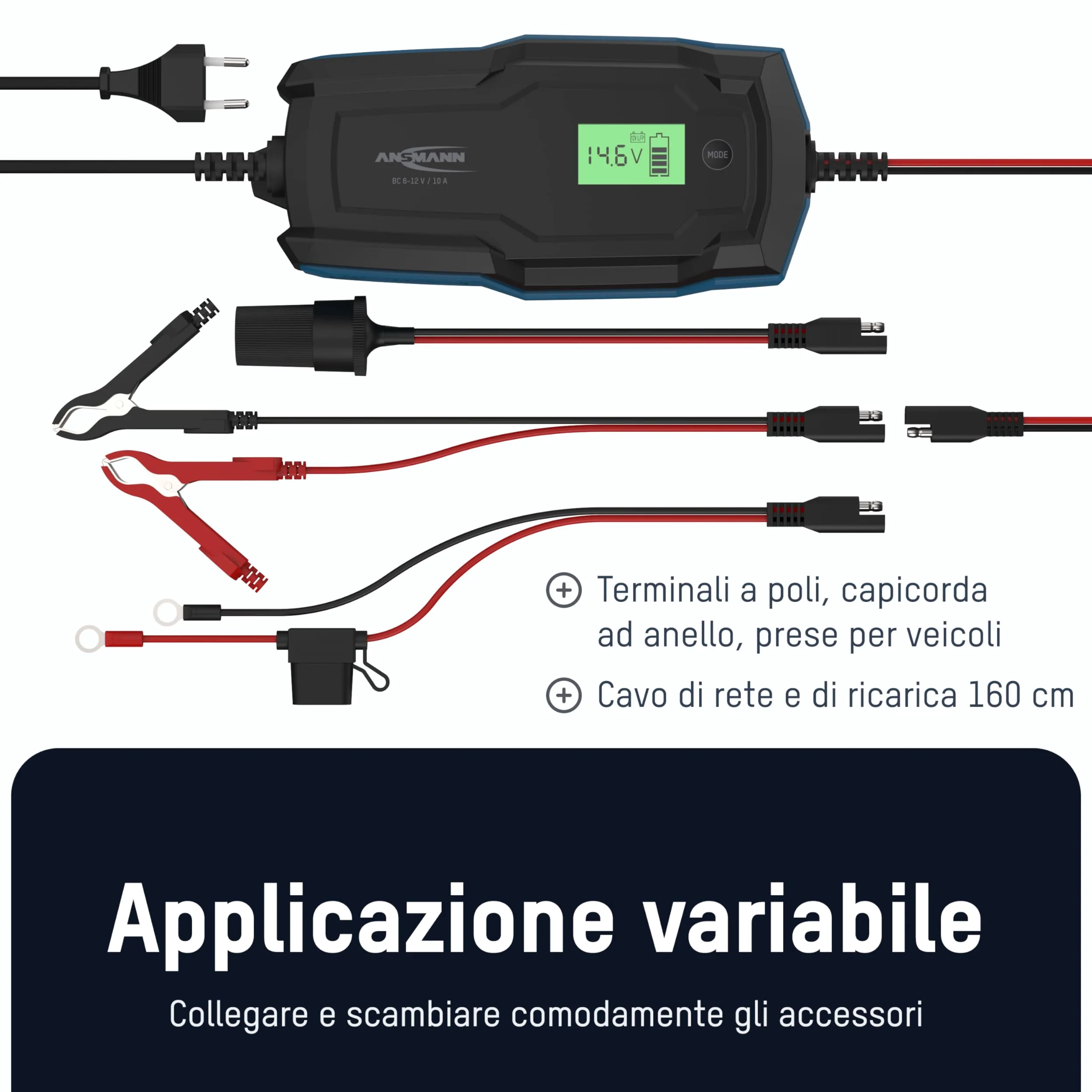 ANSMANN Caricabatterie intelligente a 10 fasi 6V 12V / 10A con display LCD per batterie al piombo-acido, piombo-gel e piombo-pile, nonché batterie LiFePo4 a 12V per auto, moto e furgoni