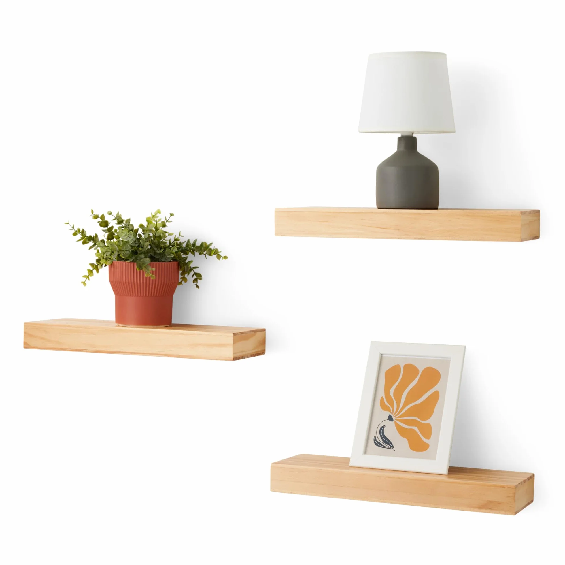 Amazon Basics Lot de 3 étagères murales flottantes en bois, Pin, 40,1 x 12,7 x 4,6 cm