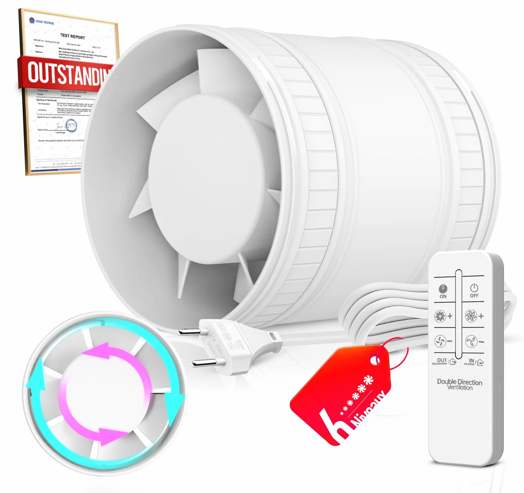Estrattore Aria 100mm Bidirezionale 6 Velocità Telecomando – Ventola Aspirazione Silenzioso Potente con Protezione dal Surriscaldamento, Ventilatore a Condotto, Aspiratore Bagno Cucina Tenda