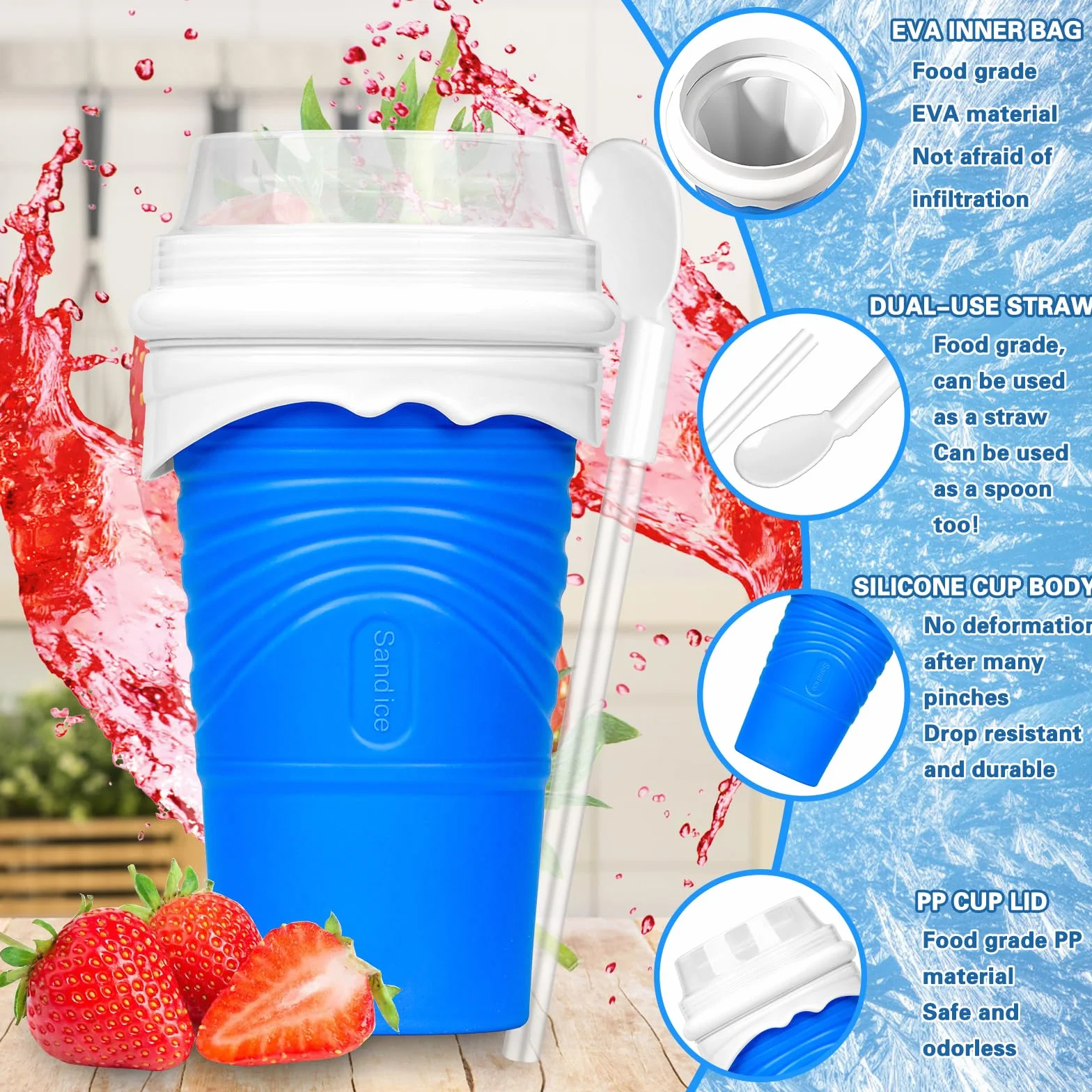 Macchina per Granita Slushy Maker 500 ml Silicone Frozen Magic Squeeze Cup con Canuccia e Cucchiaio 2 in 1