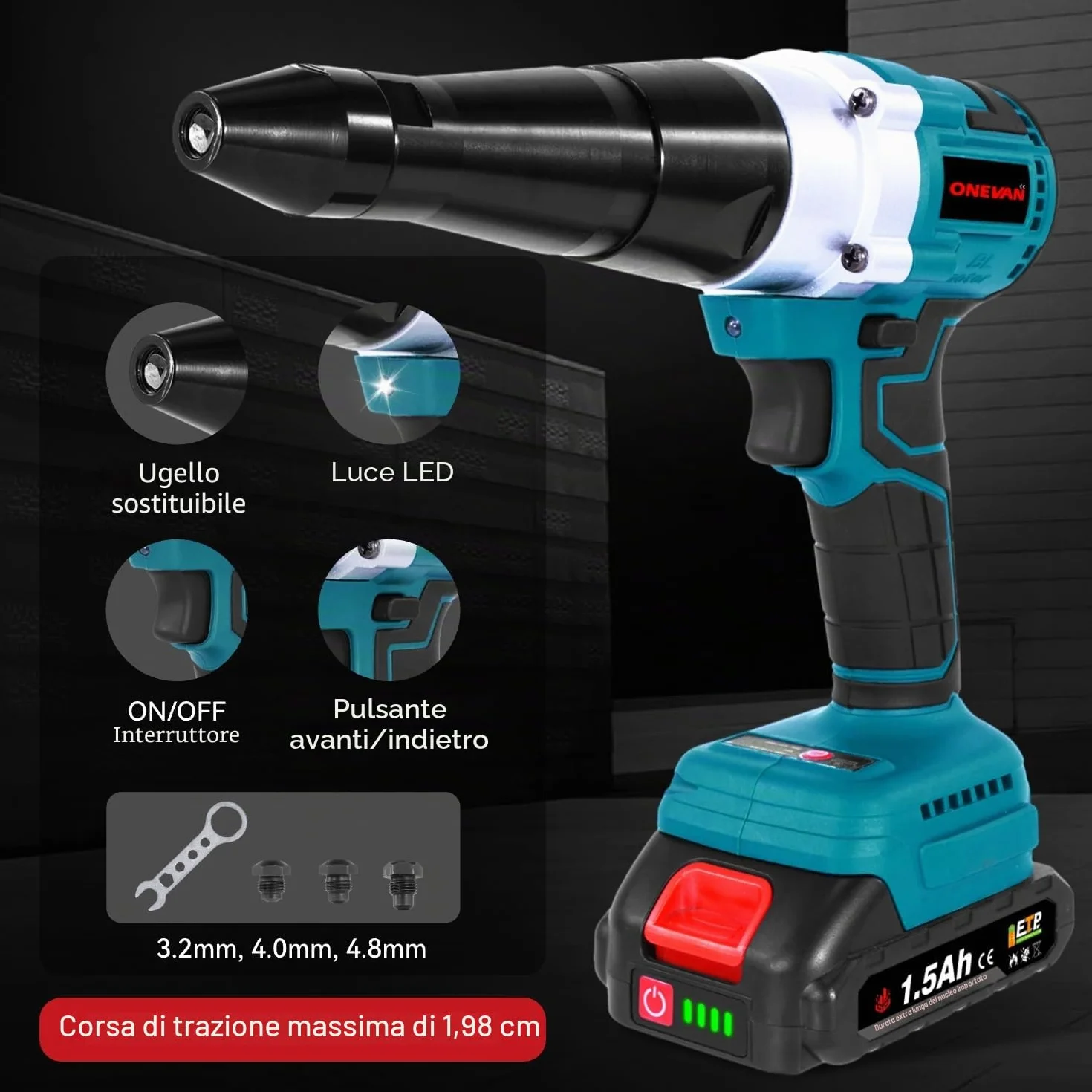 ONEVAN Pinza per rivetti a batteria, 20000N, corsa 20mm, senza spazzole, automatica, 2 batterie, 4 guide