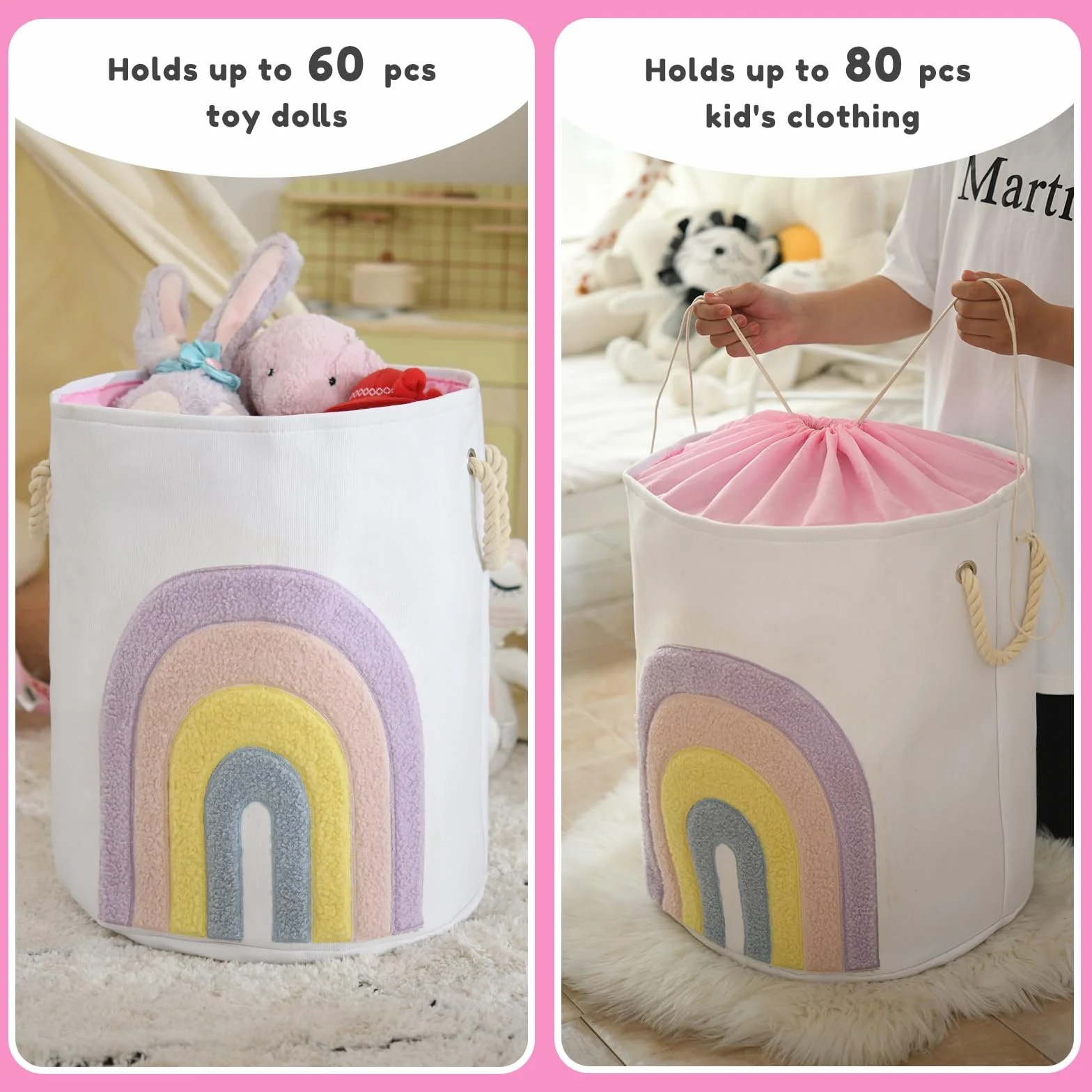 Cesto per il Bucato per Bambini Rosa, 58L in Tela con Chiusura a Coulisse Cesto Extra Large per Vestiti del Bambino Cesto per la Nursery e Giocattoli (Arcobaleno)