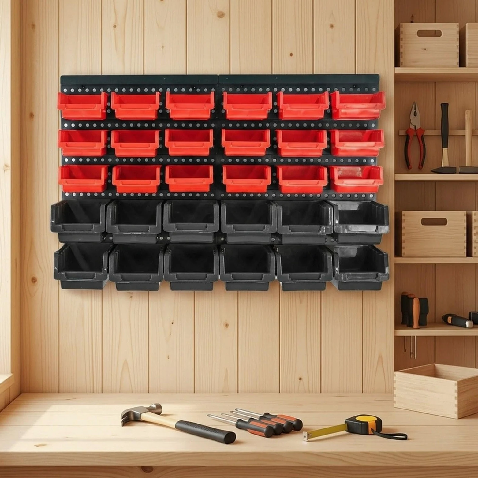 30 contenitori portaoggetti a parete, organizer per attrezzi, scaffale portaoggetti versatile e resistente per componenti, contenitori per ferramenta, Rosso Nero