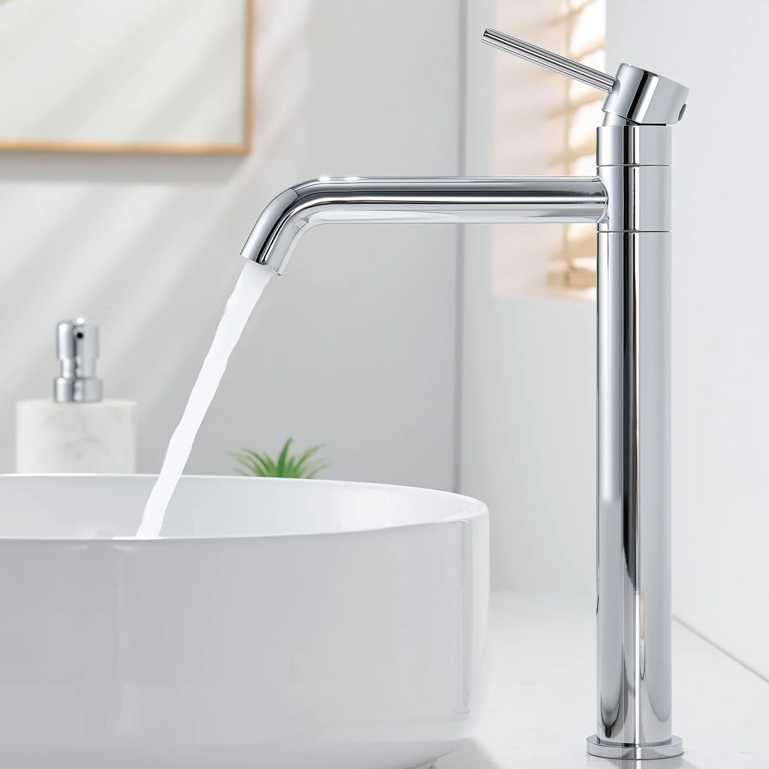 Rubinetto per Lavabo Alto, Rubinetto Bagno con Bocca Girevole a 360°, Miscelatore Monocomando per Lavabo da Appoggio, Rubinetto Bagno Alto, Cromo