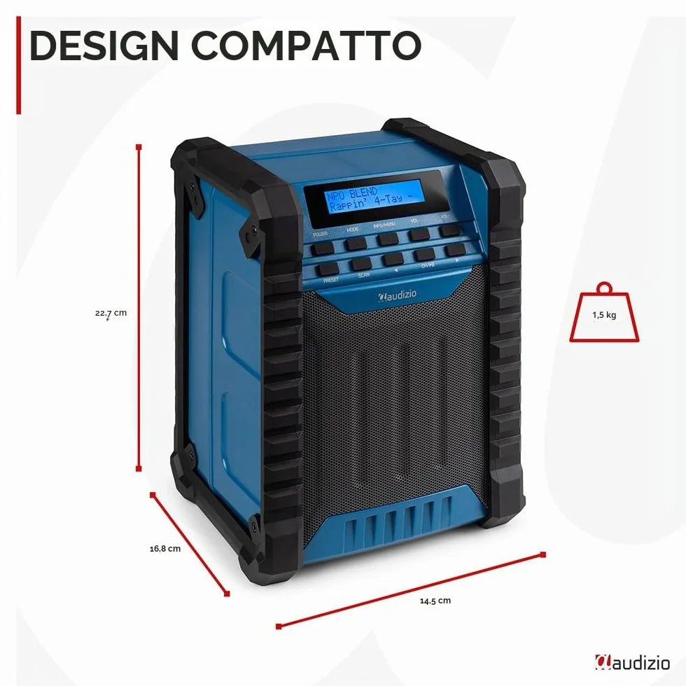 Audizio Temi Radio da Cantiere Dab+ con Batteria - IP54, Bluetooth 5.0, Autonomia 8H, FM, 40 Stazioni Memorizzabili, Ingresso AUX, Ideale per Ascoltare le Tue Stazioni Preferite Durante i Tuoi Lavori