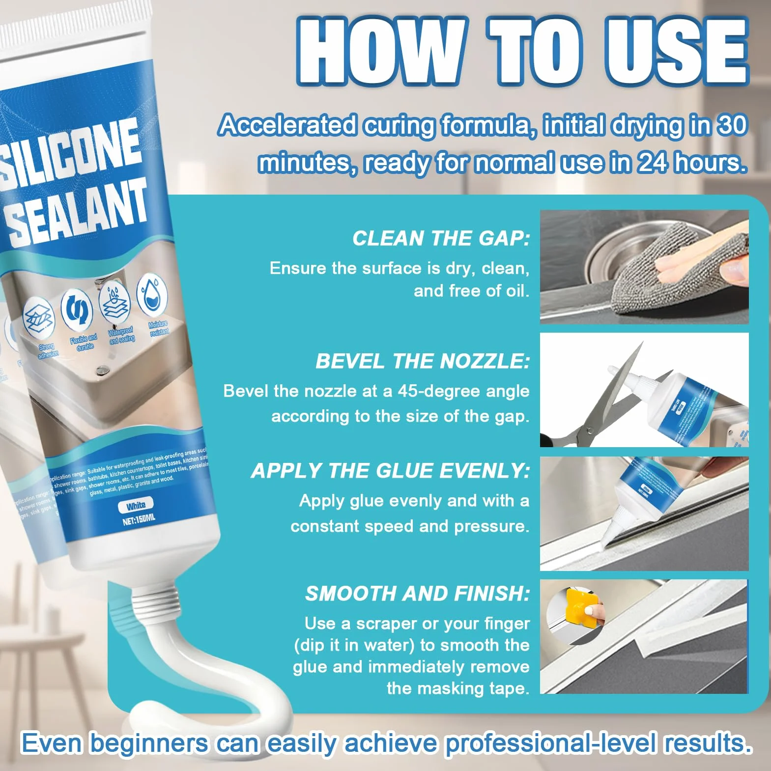 ALLONY Silicone Bianco, Silicone Doccia, Sigillante Bianco Bagni Cucine, Impermeabile, Flessibile e a Lunga Durata, Cucina e Bagno Vari Giunti di Piani di Lavoro, Fughe Piastrelle, 150ML