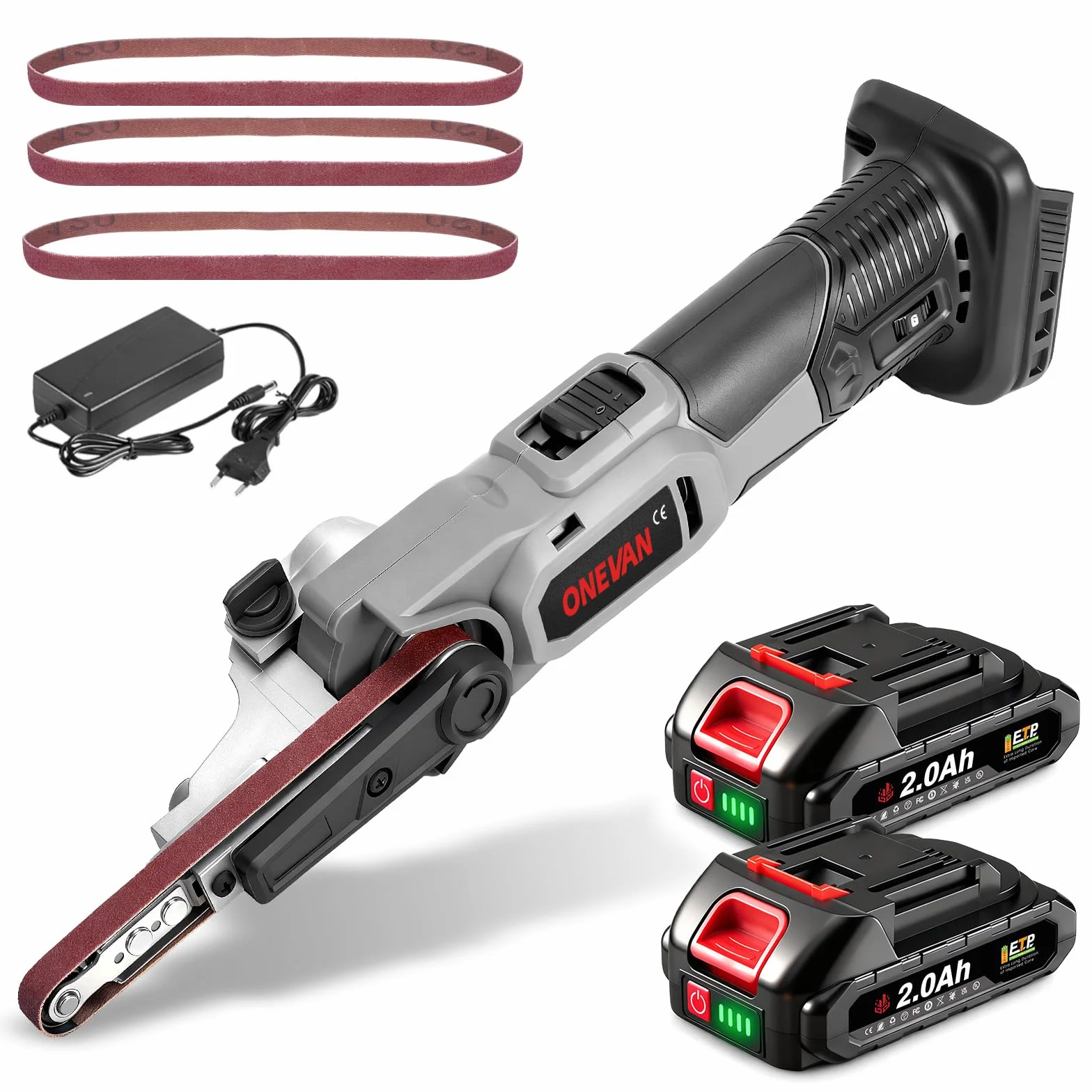 ONEVAN levigatrice a nastro senza fili, lima elettrica 2 batterie 2000 mAh, 6 velocità, 35°, per legno metallo