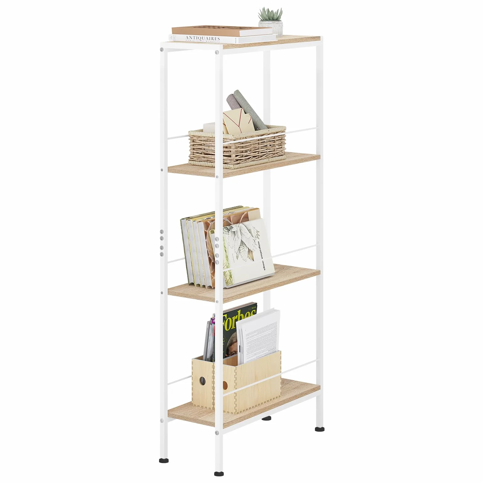 WOLTU Scaffale Salvaspazio da Cucina a 4 Ripiani, Scaffale Angolare per Bagno, Soggiorno, Camera da Letto, Stile Nordico, in Legno e Metallo, Rovere Chiaro+Bianco, 50x20x110cm, RGB53whe