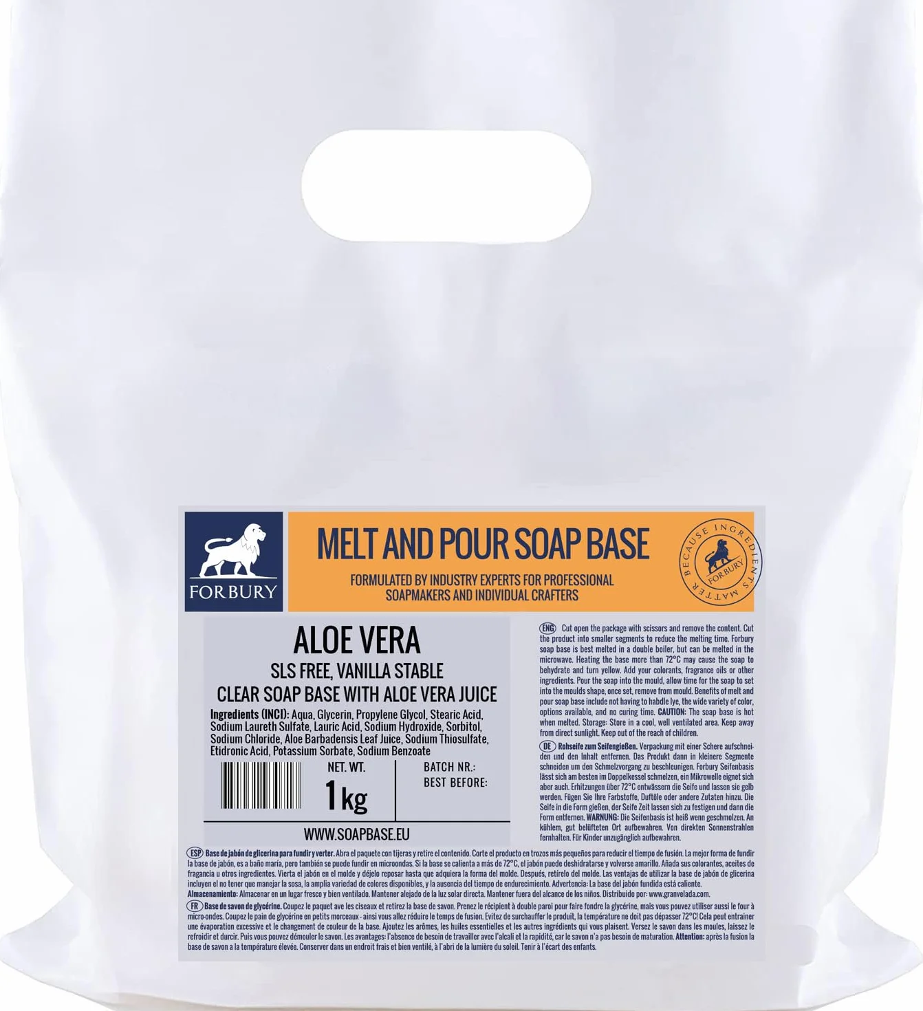 1kg Base per sapone di glicerina Aloe Vera, senza SLS transparente, Base per Saponette, Melt and Pour (Sciogli e versa), Aloe Vera