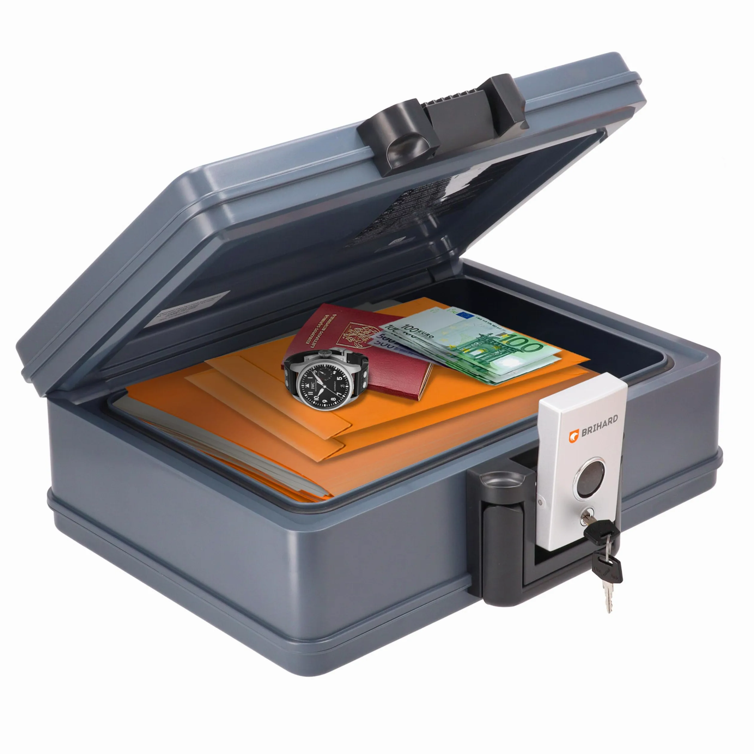 Cassaforte Portatile Certificata 2017, A4 - Scatola di Sicurezza Impermeabile e Ignifuga con Serratura a Chiave, Protezione di Valori e Documenti, H 15,5 x L 40,7 x P 32,1 cm