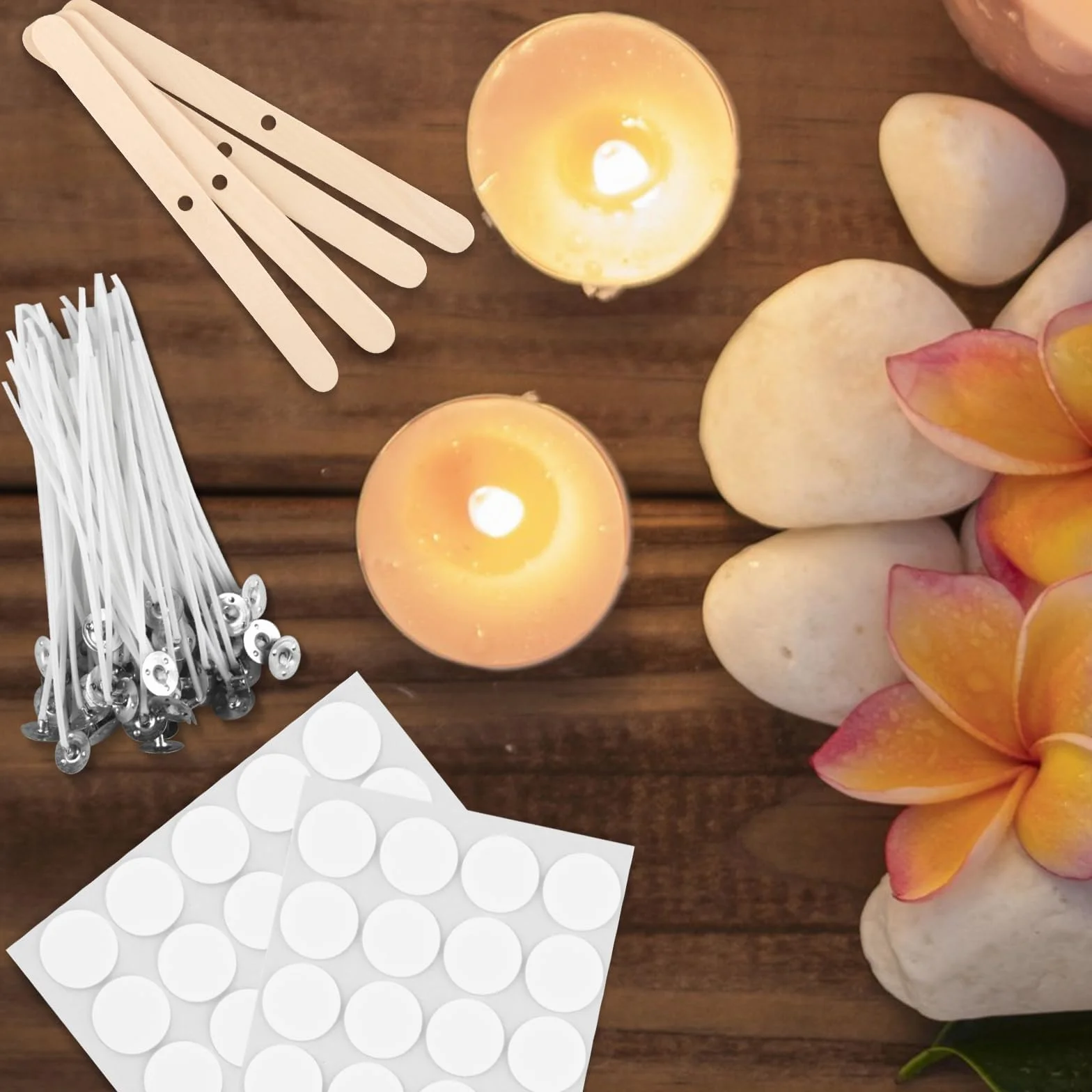 Stoppini per Candele, 100 Pezzi, stoppini per Candele, 5 cm, stoppini Naturali con Porta stoppino in Legno e Adesivi per stoppini su Entrambi i Lati, per la Produzione di Candele
