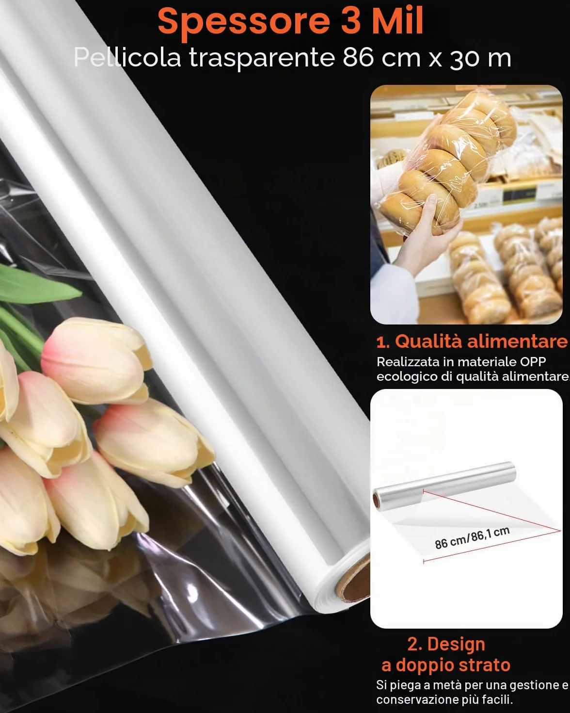 LEAZZLE 86CM x 30M Carta Trasparente per Confezioni,3 Mils Cellophane per Imballaggio, Carta Regalo Rotolo, Cellofan per Imballaggio per Fiori, Regali, Cesti, Imballaggi Artistici(86CM piegato a 43CM)