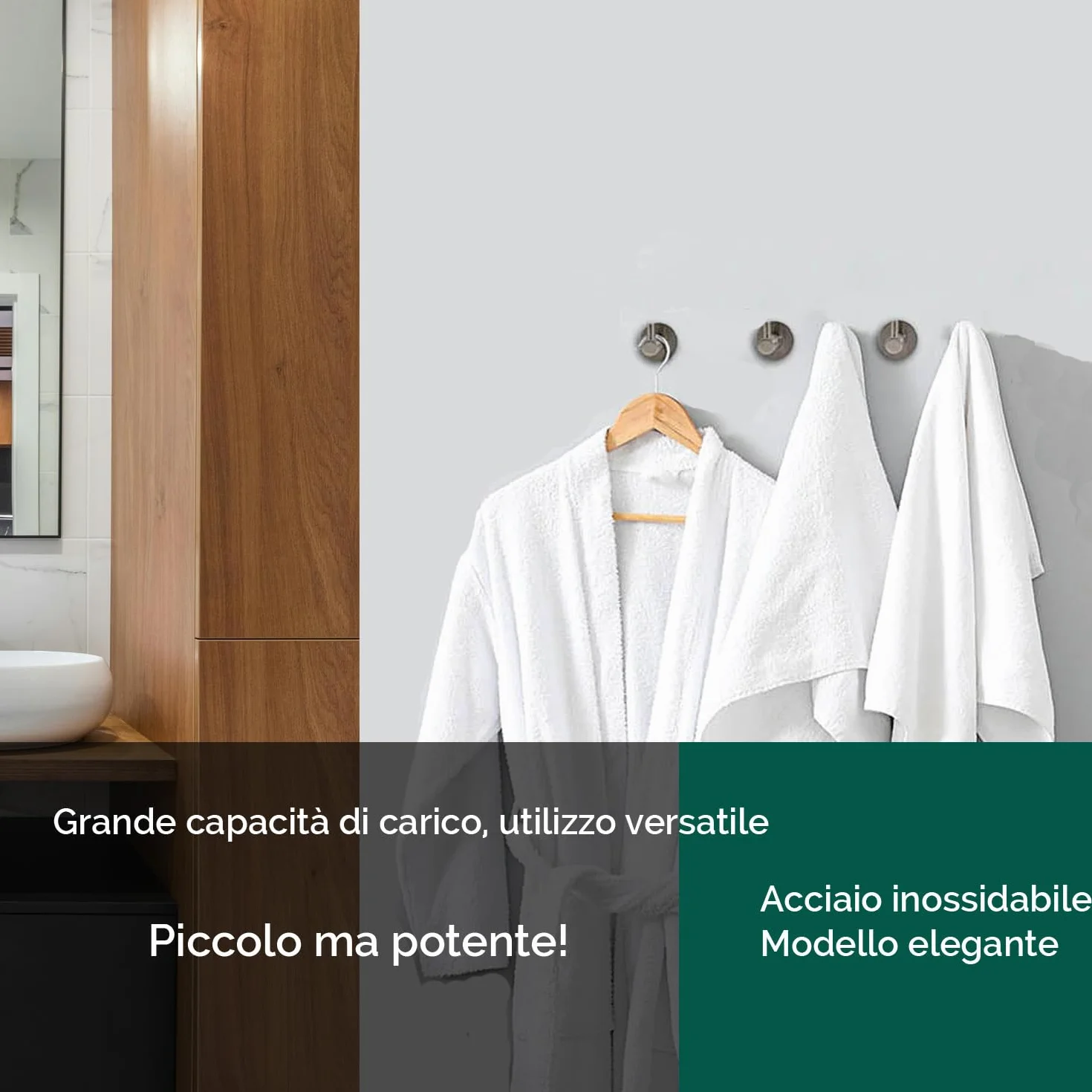 Accappatoio Bagno Acciaio Inox AISI 304 Set 2 Ganci Acciaio Spazzolato Opaco