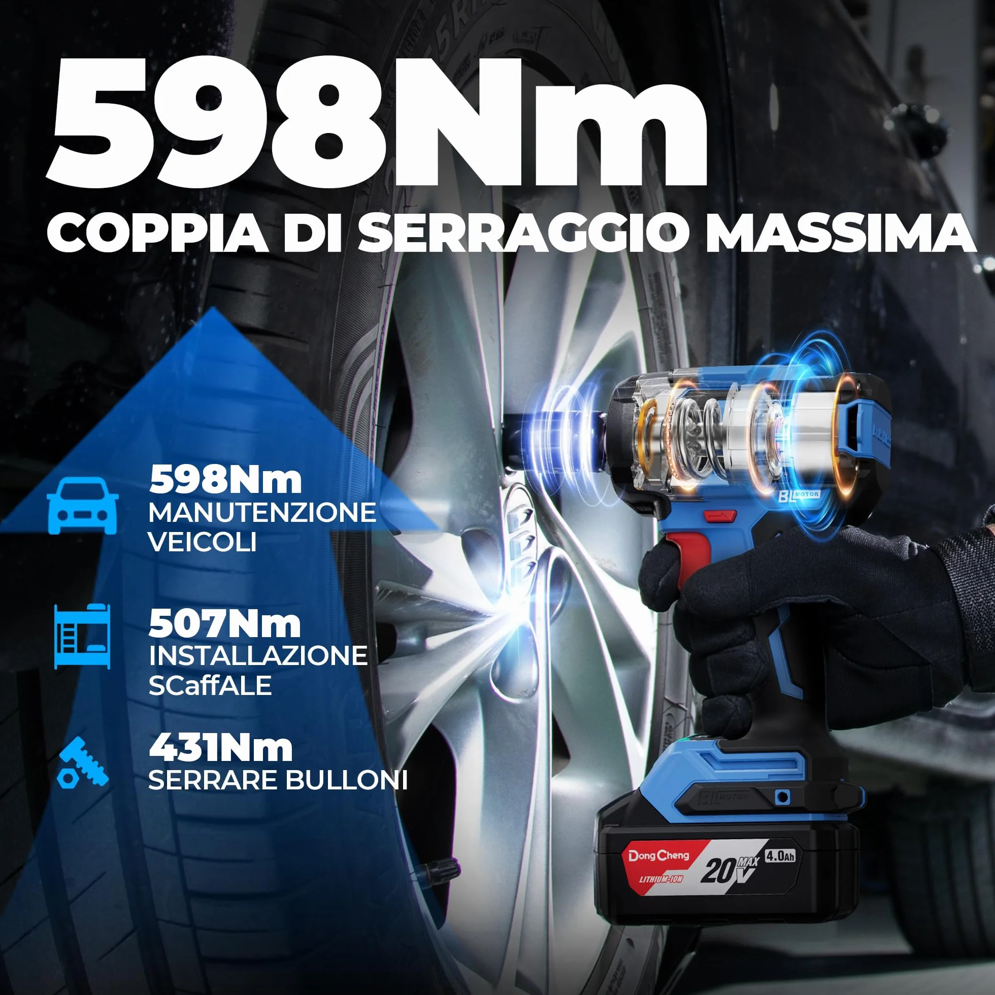 DongCheng Chiave ad Impulsi Senza Fili 20V 4.0Ah Li-ion 800 Nm 2400 giri/min 4 Velocità