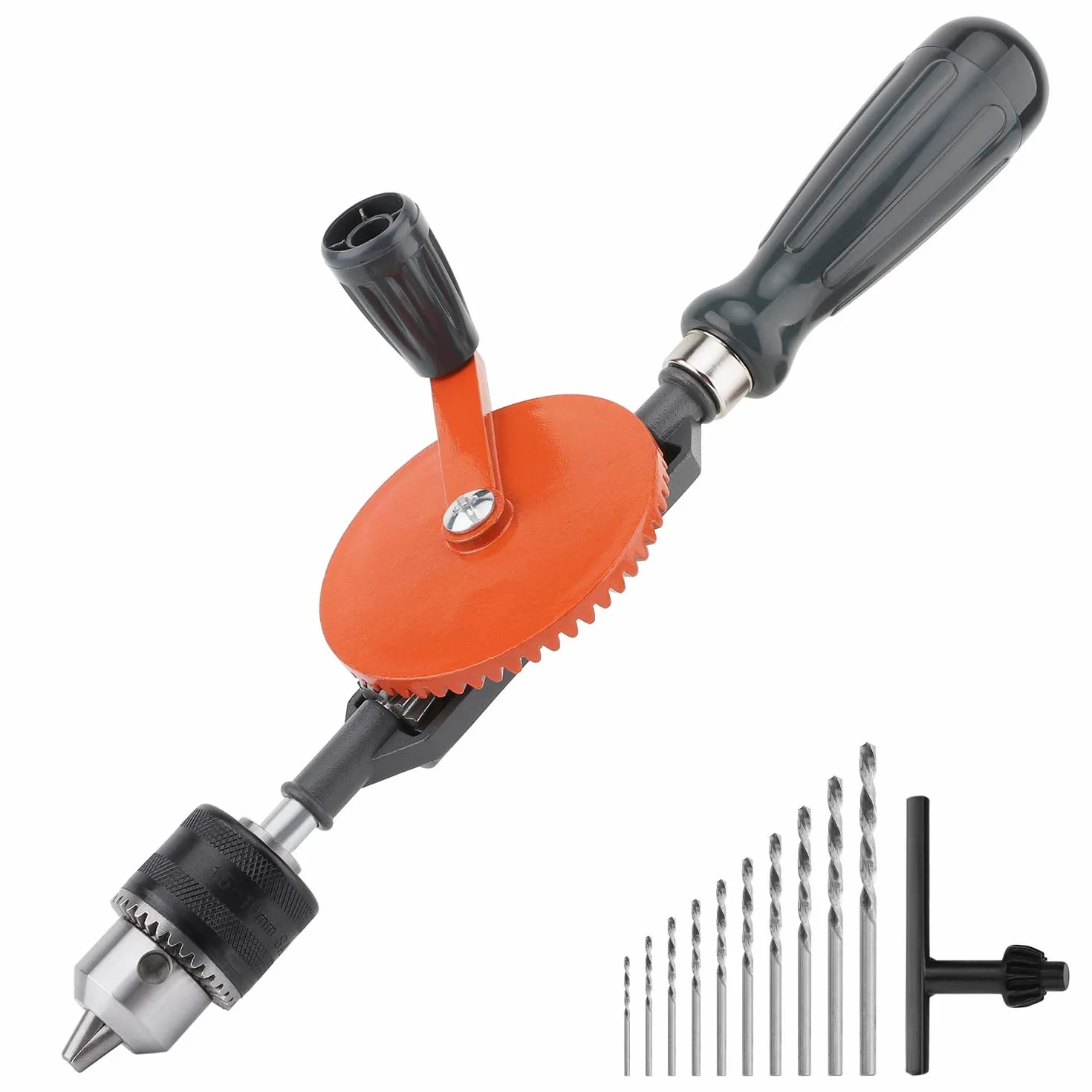 Housolution Trapano a Mano, Madrino da 3/8 Pollici (1.5-10mm) a Doppio Pignone in Acciaio Fuso con Punte Elicoidali Set Punzonare da Tavola di Legno Plastica - Arancione