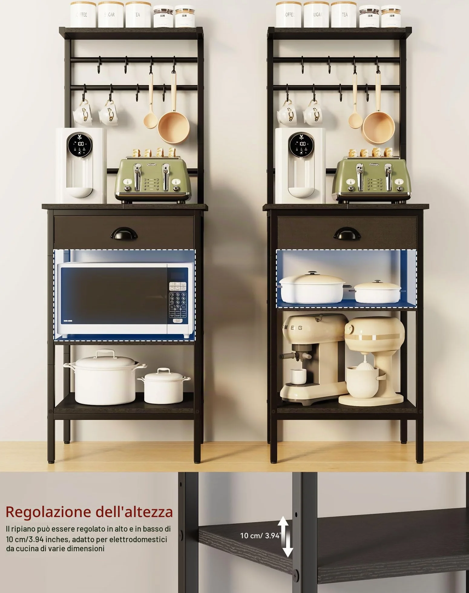 YMYNY Scaffale da Cucina, Porta-caffè in legno a 5 livelli, Scaffale per macchina del caffè, Organizzatore di 12 ganci, Cassetti in tessuto, 33 x 43 x 134,5 cm, per Soggiorno, Ufficio, Nero HBR009B