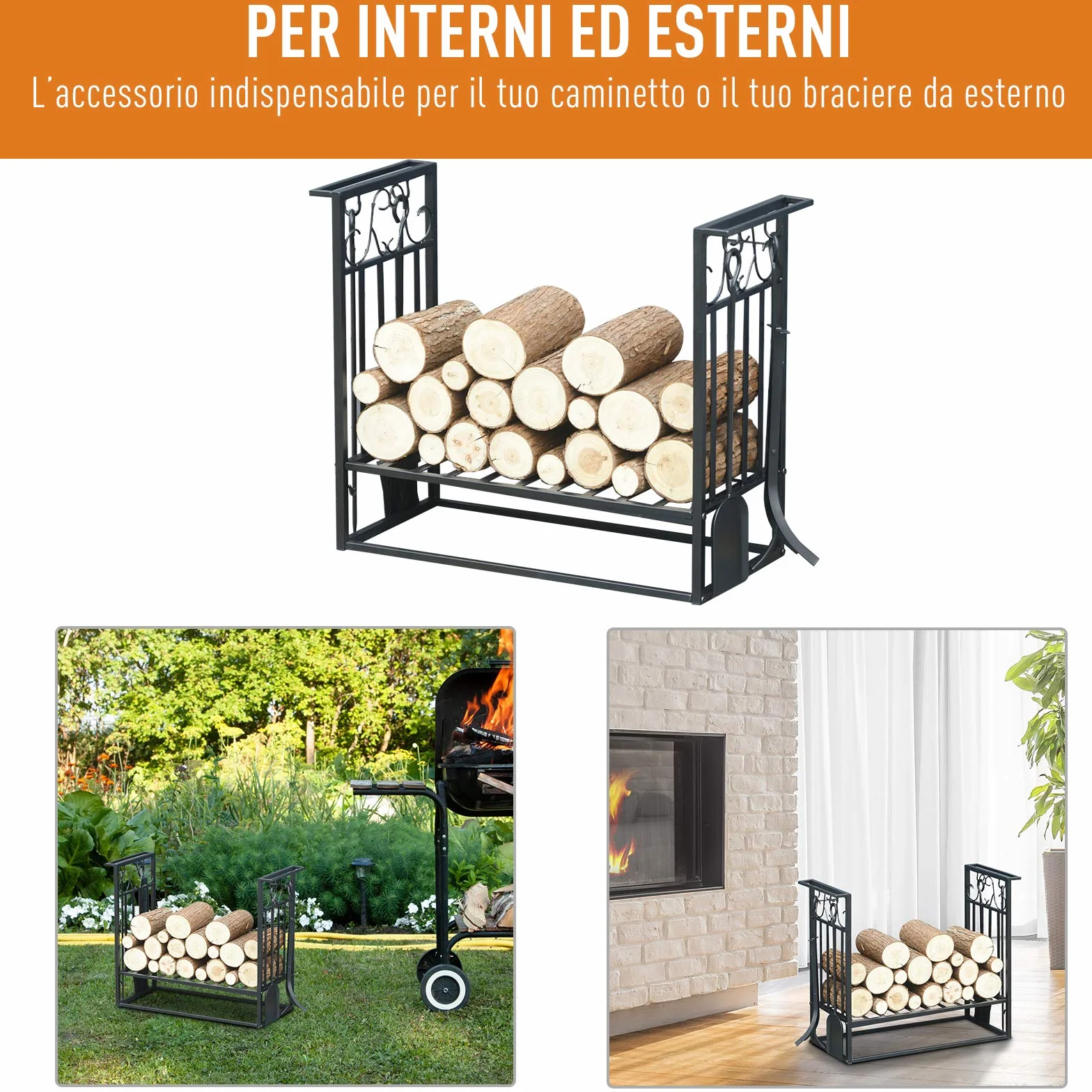 HOMCOM Portalegna Rialzato per Camino in Acciaio Antiruggine, Porta Legna da Interni ed Esterni, 4 Attrezzi Inclusi, 75x30x60cm