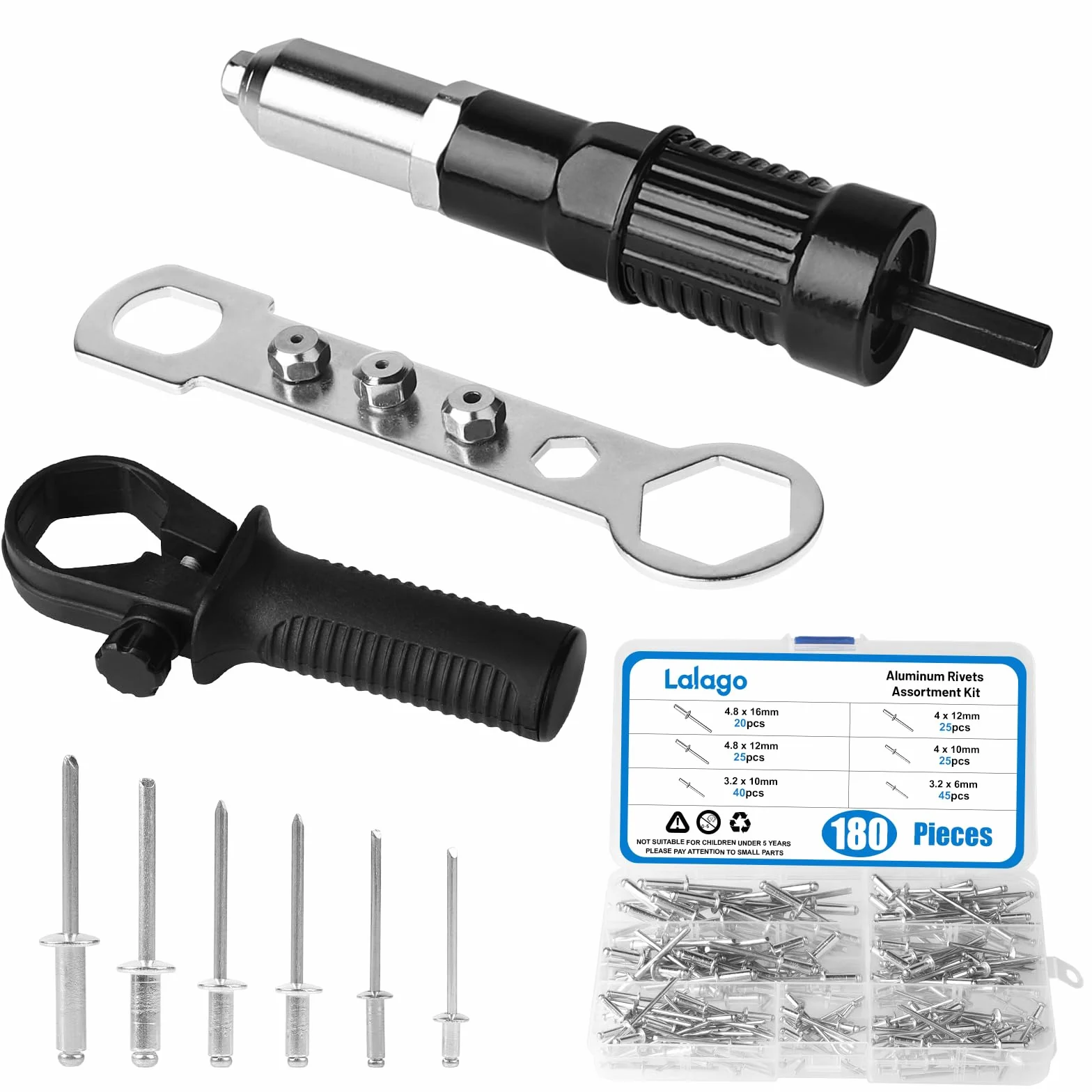 LALAGO Pinze per rivetti con 180 pezzi di rivetti ciechi, adattatore per rivetti per trapano avvitatore a batteria, adattatore elettrico per rivetti ciechi, kit di adattatori con 6 misure Pop rivetti