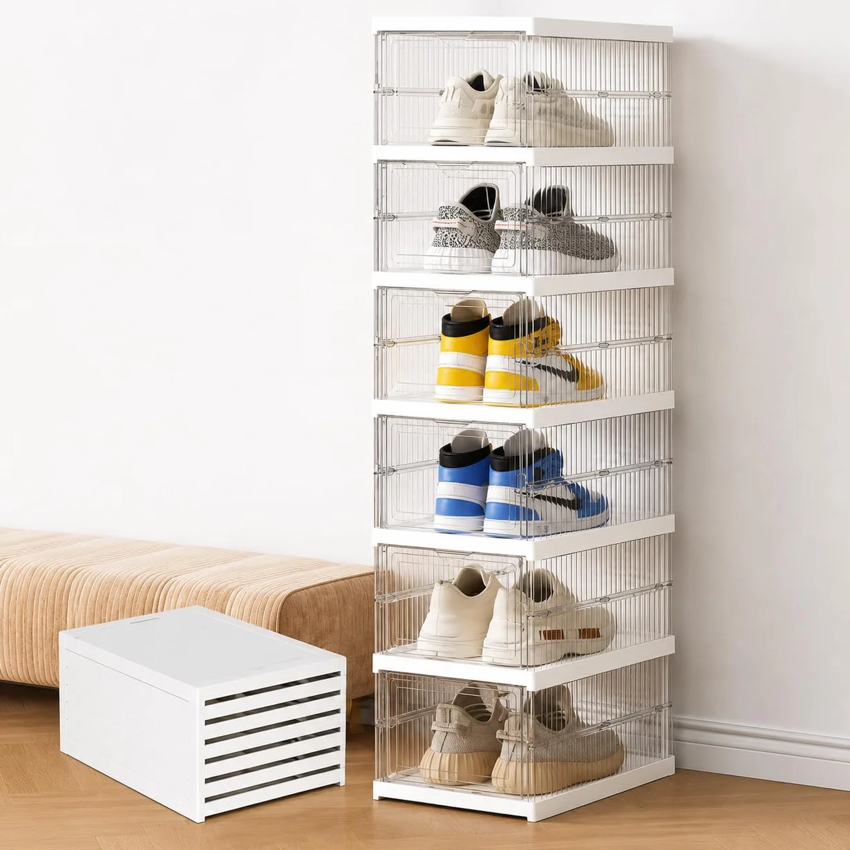 Scarpiera Salvaspazio Pieghevole 6 Ripiani Portascarpe Modulare Impilabile Sportello Antipolvere Trasparente 105x35,5x25,5 cm Bianco