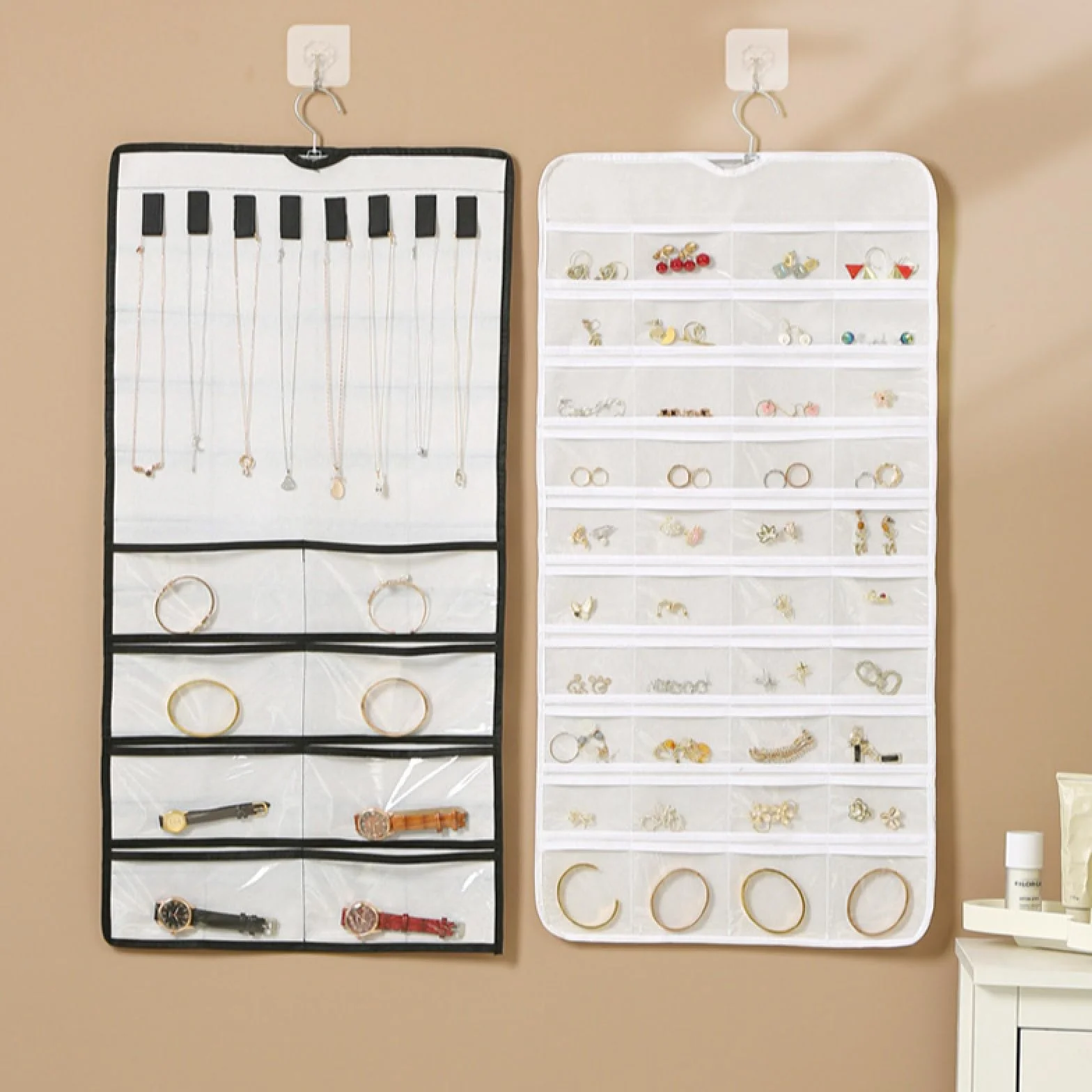 Hanging Jewelry Organizer Doppia Faccia con 48 Tasche Bianco per Armadio