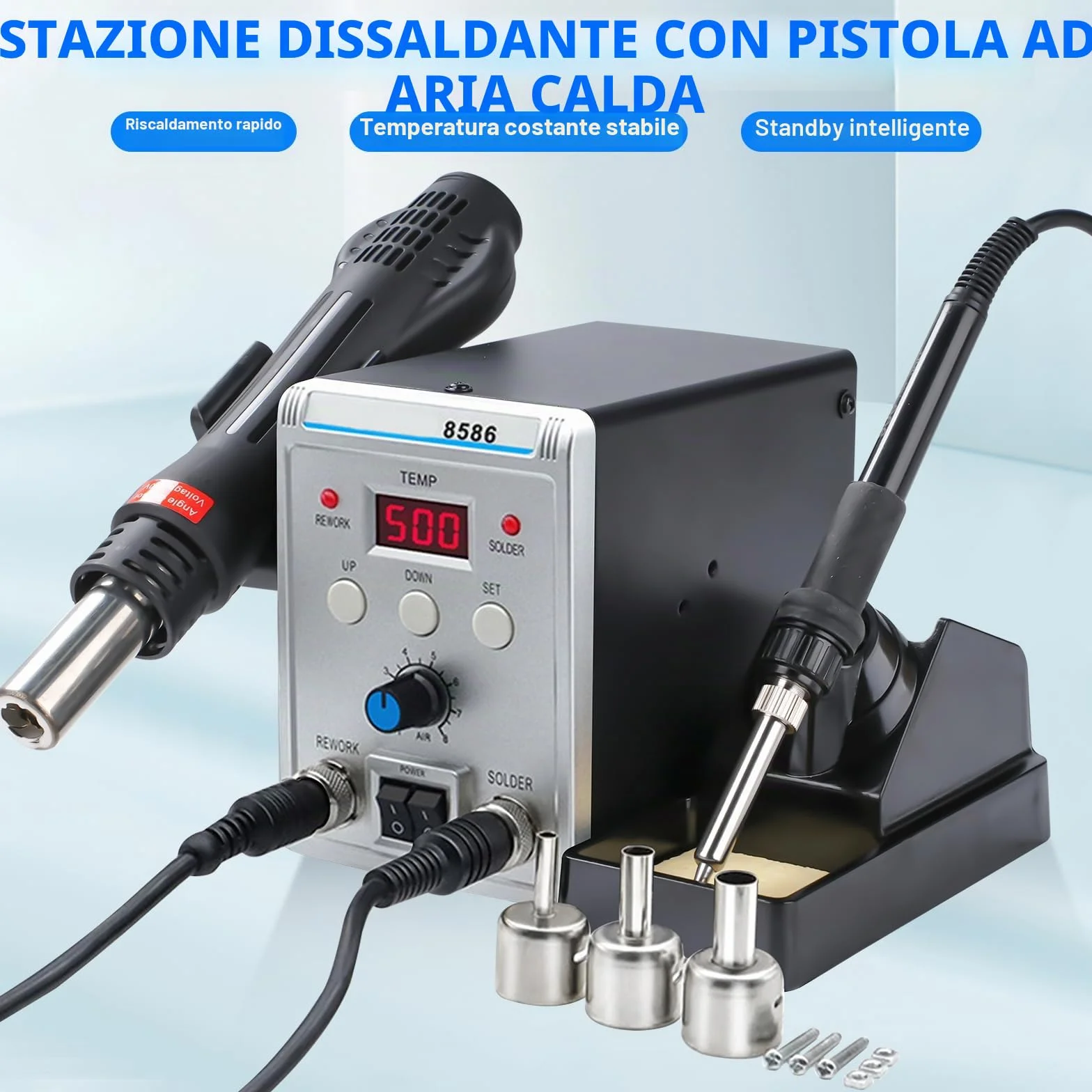 Stazione di saldatura ad aria calda, 700 W, 8586, set di saldatori Rework Station con 3 ugelli dell'aria – 5 mm, 8 mm, 10 mm, indicatore digitale della temperatura regolabile 100 ~ 500 °C