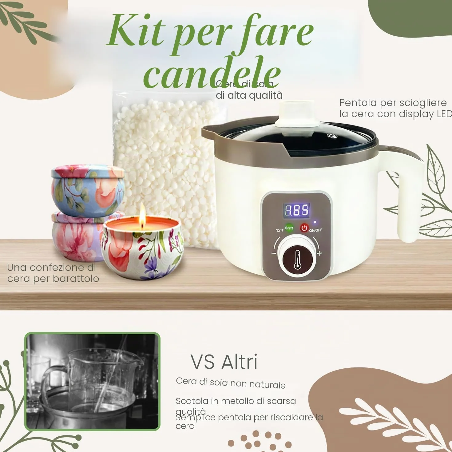 Kit per la fabbricazione di candele con fonditore di cera digitale, set fai da te per la fabbricazione di candele con cera di soia da 900g per principianti adulti per realizzare candele profumate