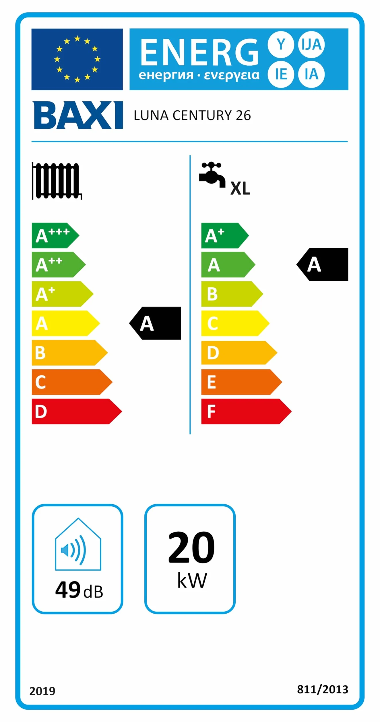 Baxi Luna Century 26 Caldaia a Condensazione Murale, a Metano/GPL/Aria Propanata, Riscaldamento e Acqua Calda Sanitaria, 76,3 x 45 x 33,4 Cm