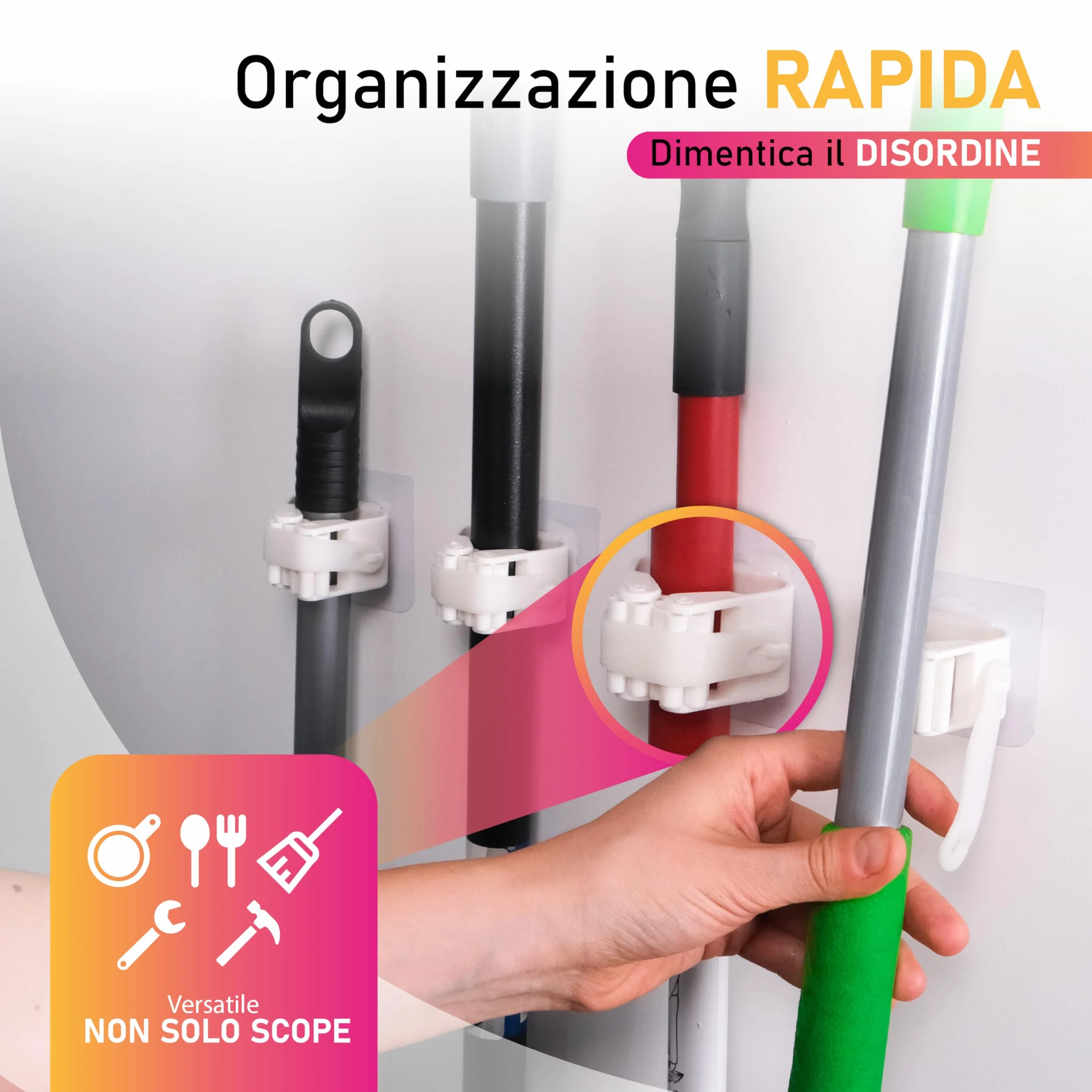 Generico Porta Scopa Adesivo Ultra Resistente da Parete (Set 4) – Ganci Senza Fori per Scope e Mop – Supporto Porta Scope Cucina, Bagno e Garage – Impermeabile, Antiscivolo con Fissaggio Forte