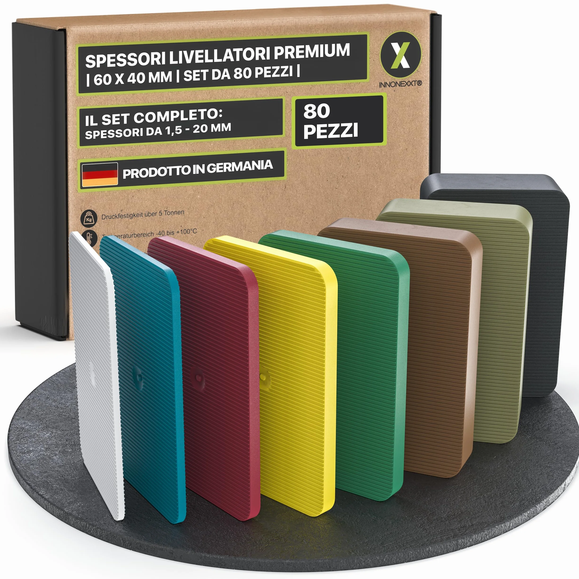 Premium spessori in plastica | 40 x 60mm, 80 pezzi fino a 5 t | Prodotto in Germania | squadrette angolari, distanziatori per piastrelle, distanziali| set: 1,5, 2, 3, 4, 5, 10, 15, 20 mm