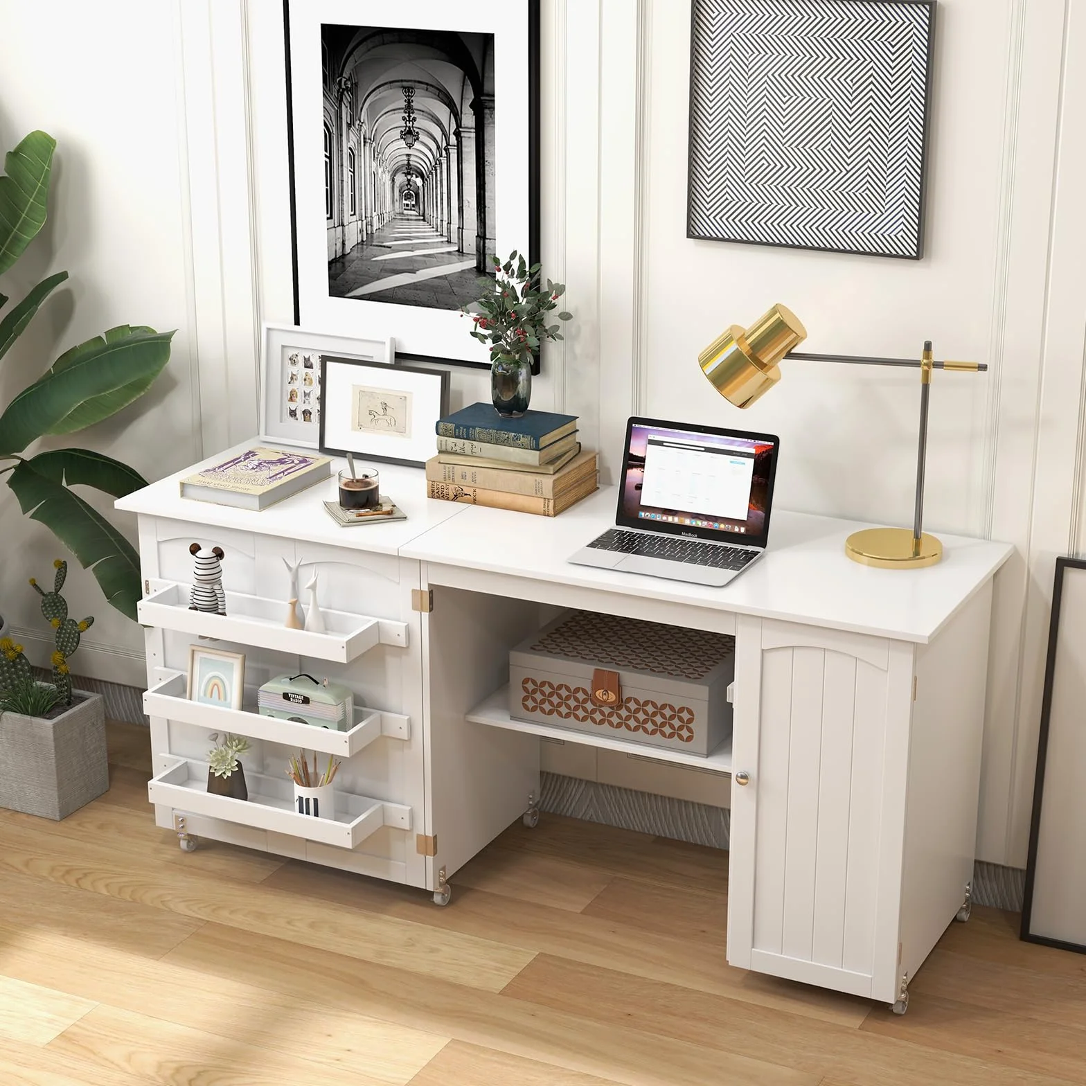GIANTEX 2 in 1 Mobiletto Cucito, Tavolo Cucire Pieghevole, con 4 Ruote, Armadio Versatile in Legno, per Salone/Salotto/Ufficio, Carico di 55kg, 158,5x50x74cm (Bianco)