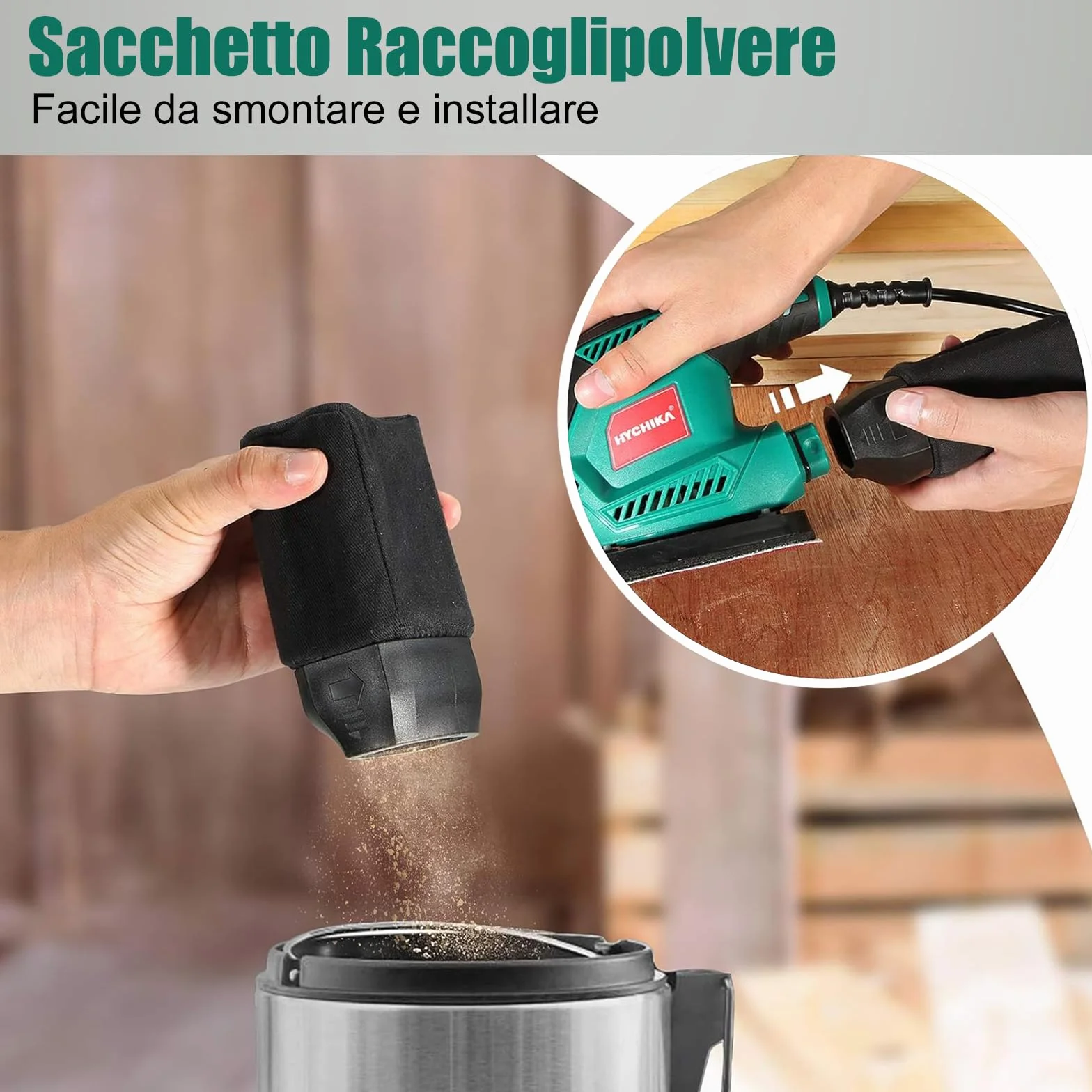 HYCHIKA Levigatrice Mouse 200W 14000RPM con Raccolta Polvere 12 Carte Abrasive per Legno Metallo